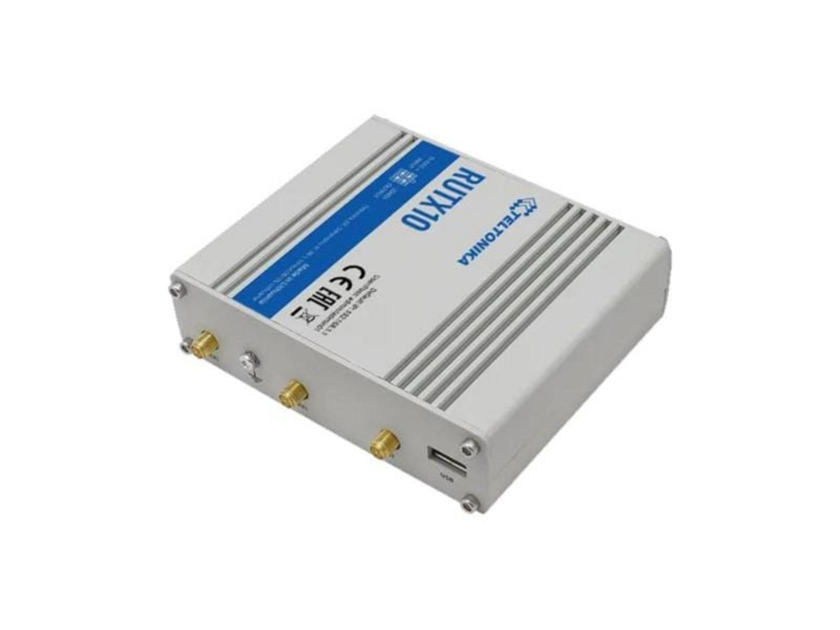 Szare urządzenie Teltonika RUTX10 z portami i szczelinami wentylacyjnymi.