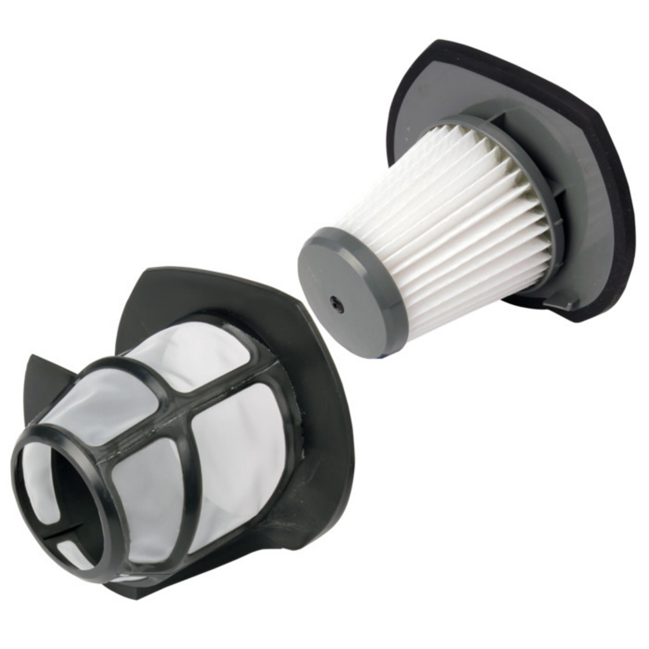 Dos filtros de aspiradora: uno blanco plisado, uno negro con rejilla.