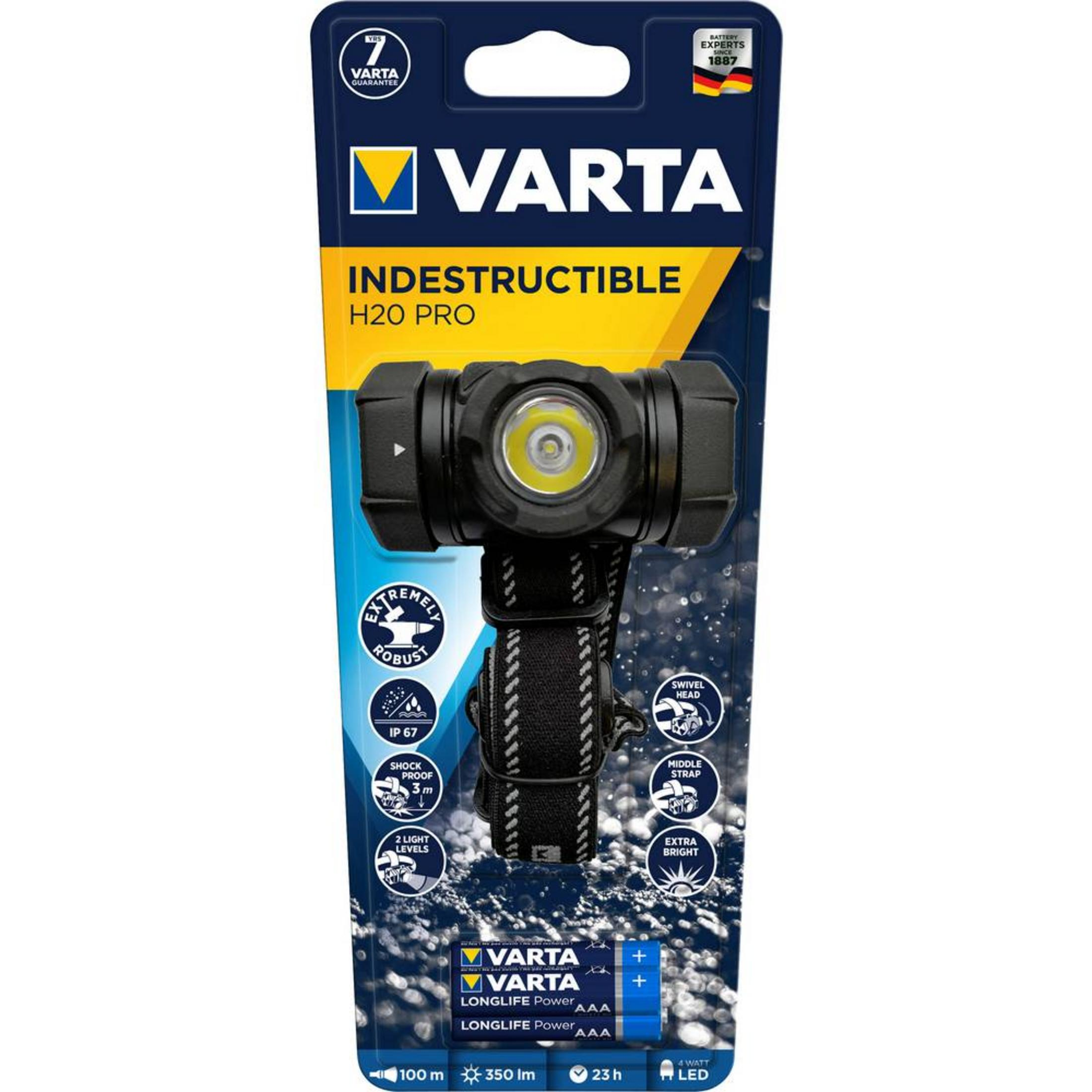 Lampe frontale Varta H20 Pro, garantie 7 ans, robuste, IP67, 350 lumens.