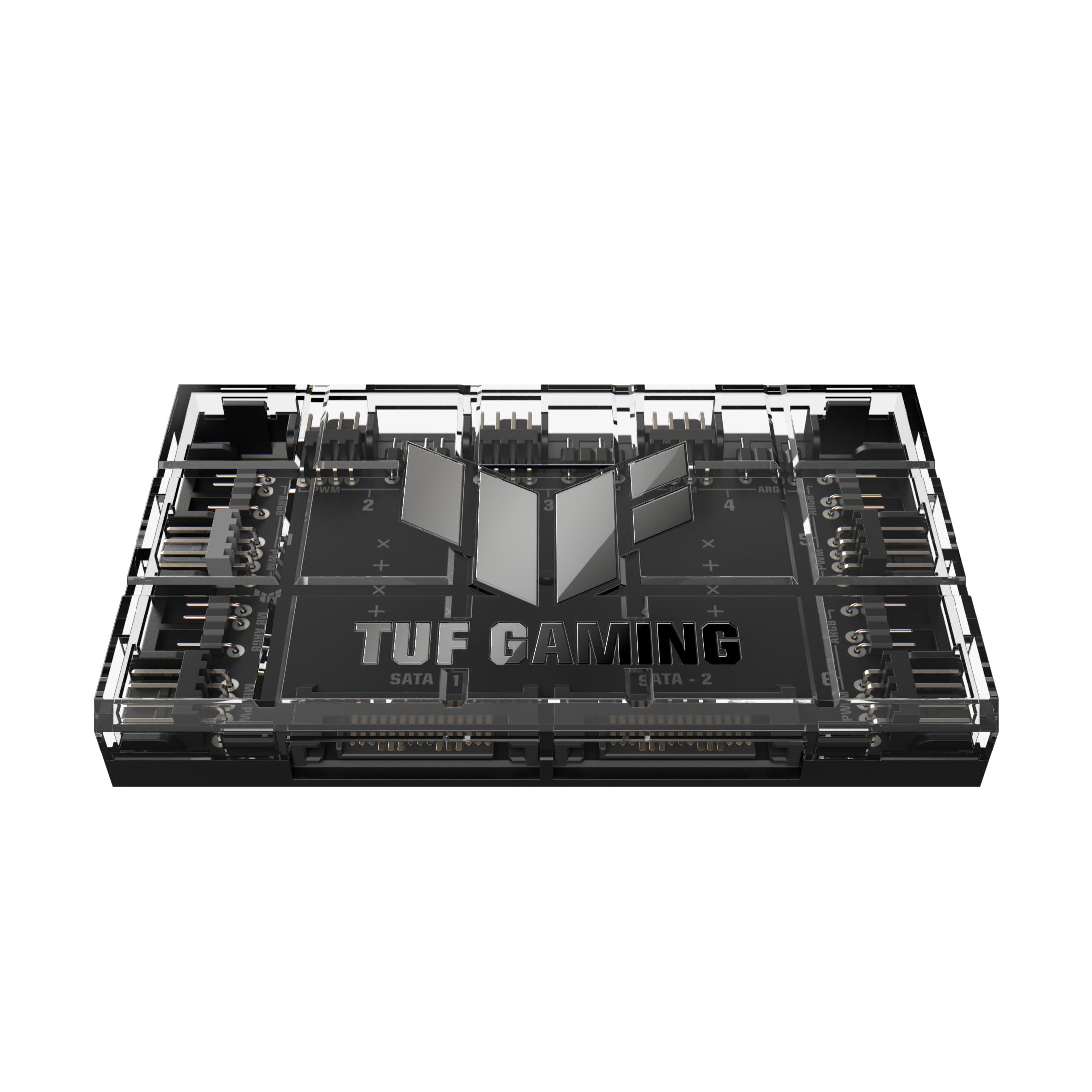 Una scheda madre nera con logo TUF GAMING argentato e connettori.