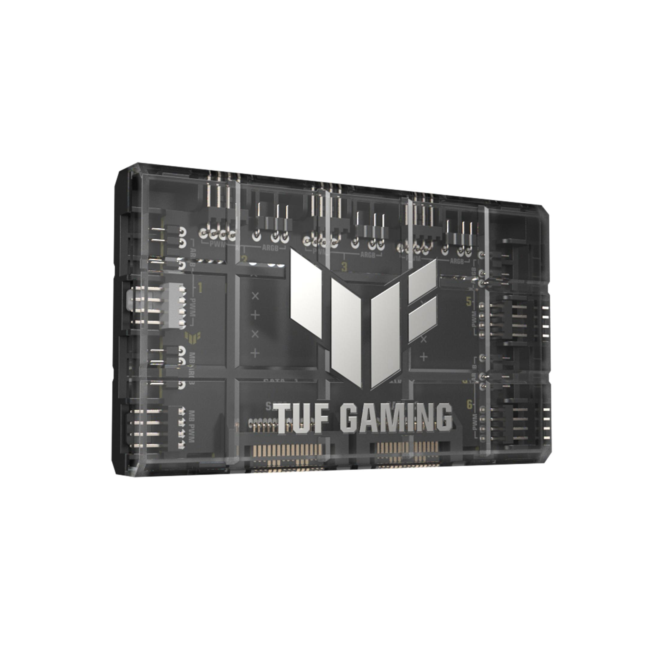 Un alloggiamento nero con il logo TUF Gaming e porte per ventole e LED.