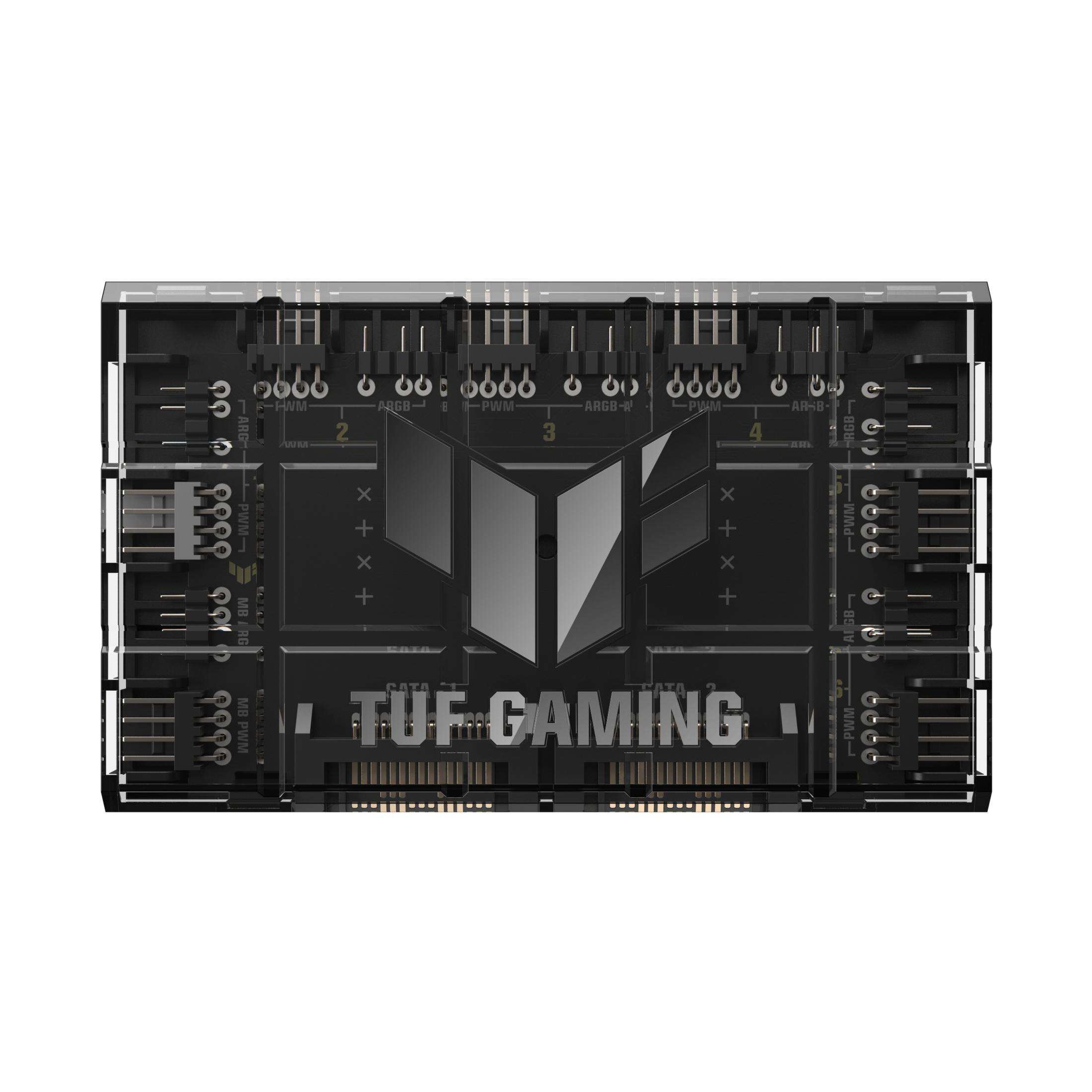 Una scheda madre per computer nera con logo TUF Gaming argentato e connettori.