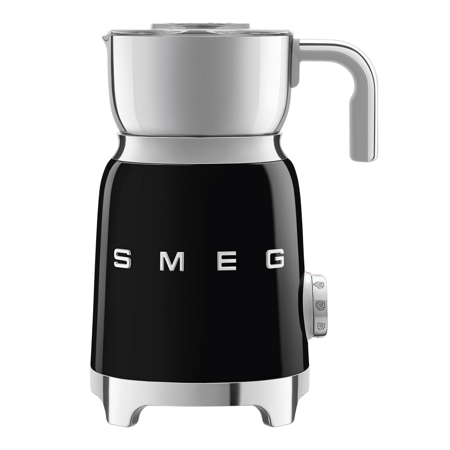 Czarny spieniacz do mleka z srebrnymi akcentami i logo SMEG.
