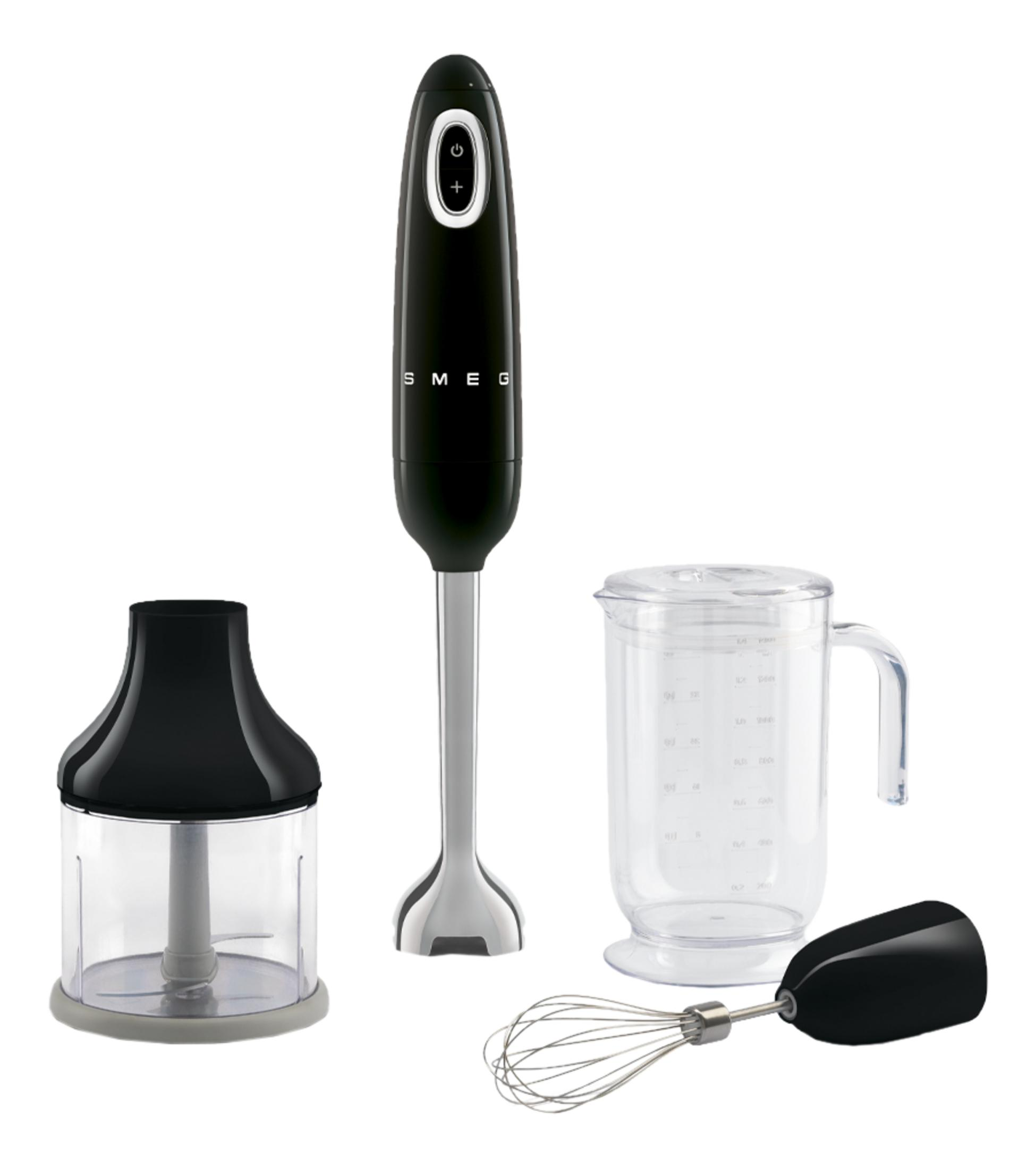 Czarny blender ręczny z akcesoriami: kielich, rozdrabniacz i trzepaczka.