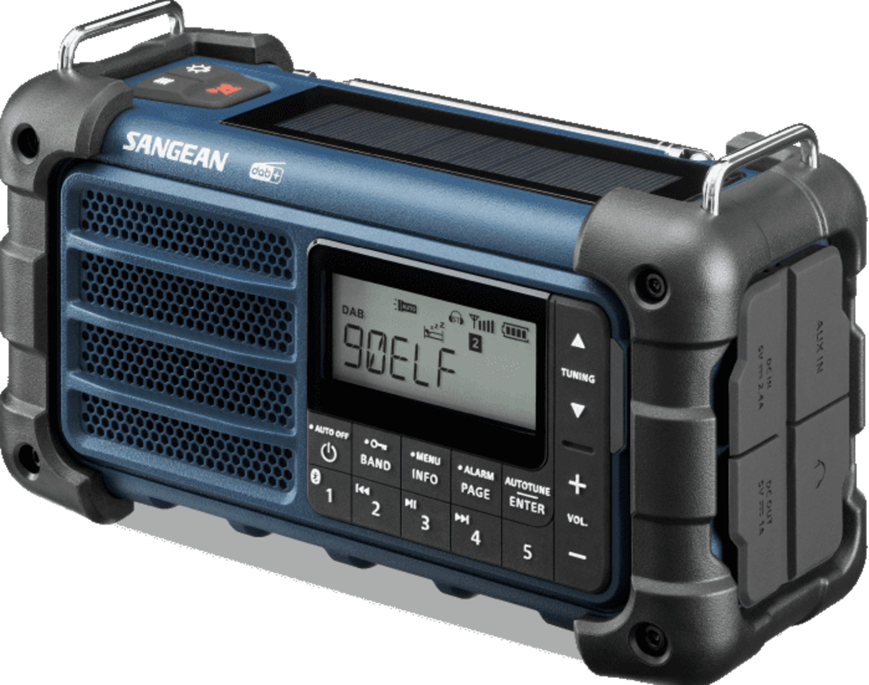 Niebieskie radio DAB Sangean z czarnymi akcentami, uchwytem i panelem słonecznym.