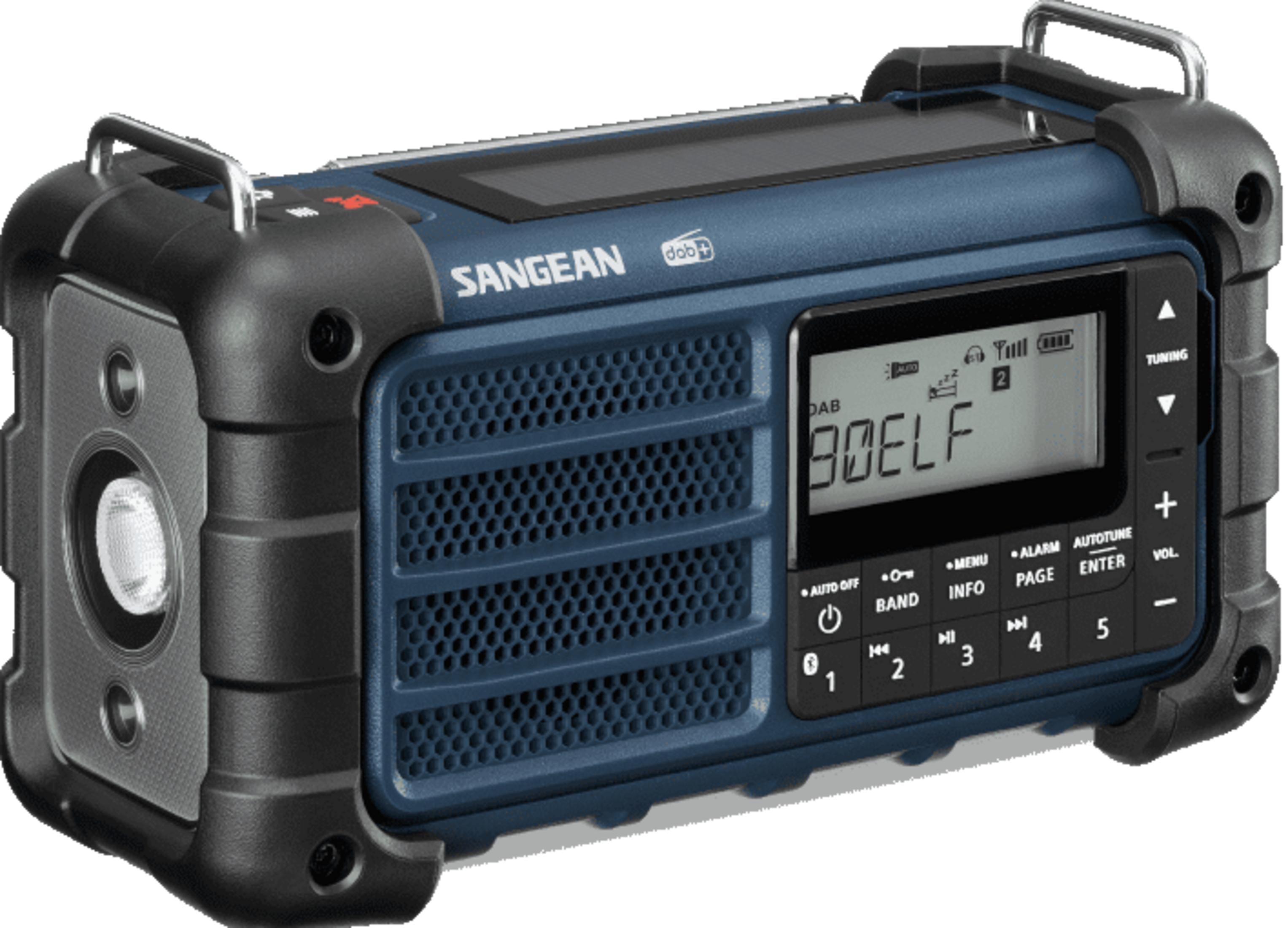 Niebiesko-czarne radio DAB z uchwytem, wyświetlaczem i przyciskami.