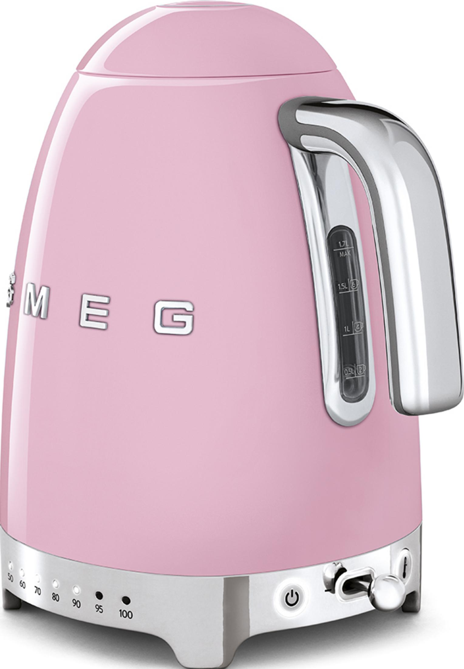 Różowy czajnik SMEG z chromowanymi detalami i regulacją temperatury.