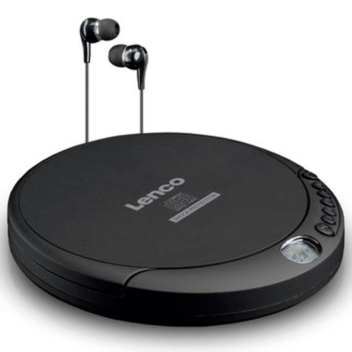 Czarny przenośny odtwarzacz CD Lenco z czarnymi słuchawkami.