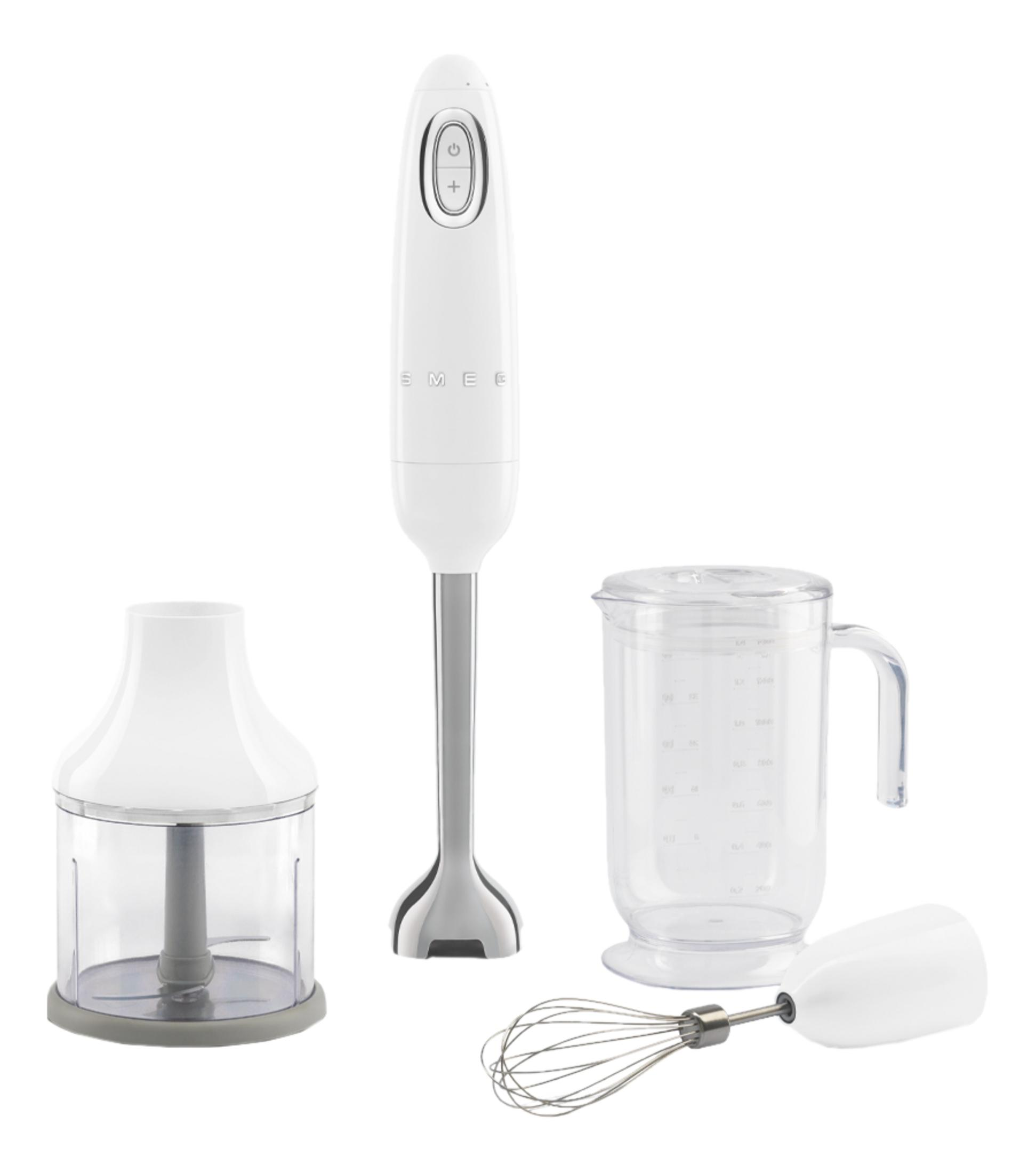 Biały blender ręczny z akcesoriami: siekacz, dzbanek i trzepaczka.