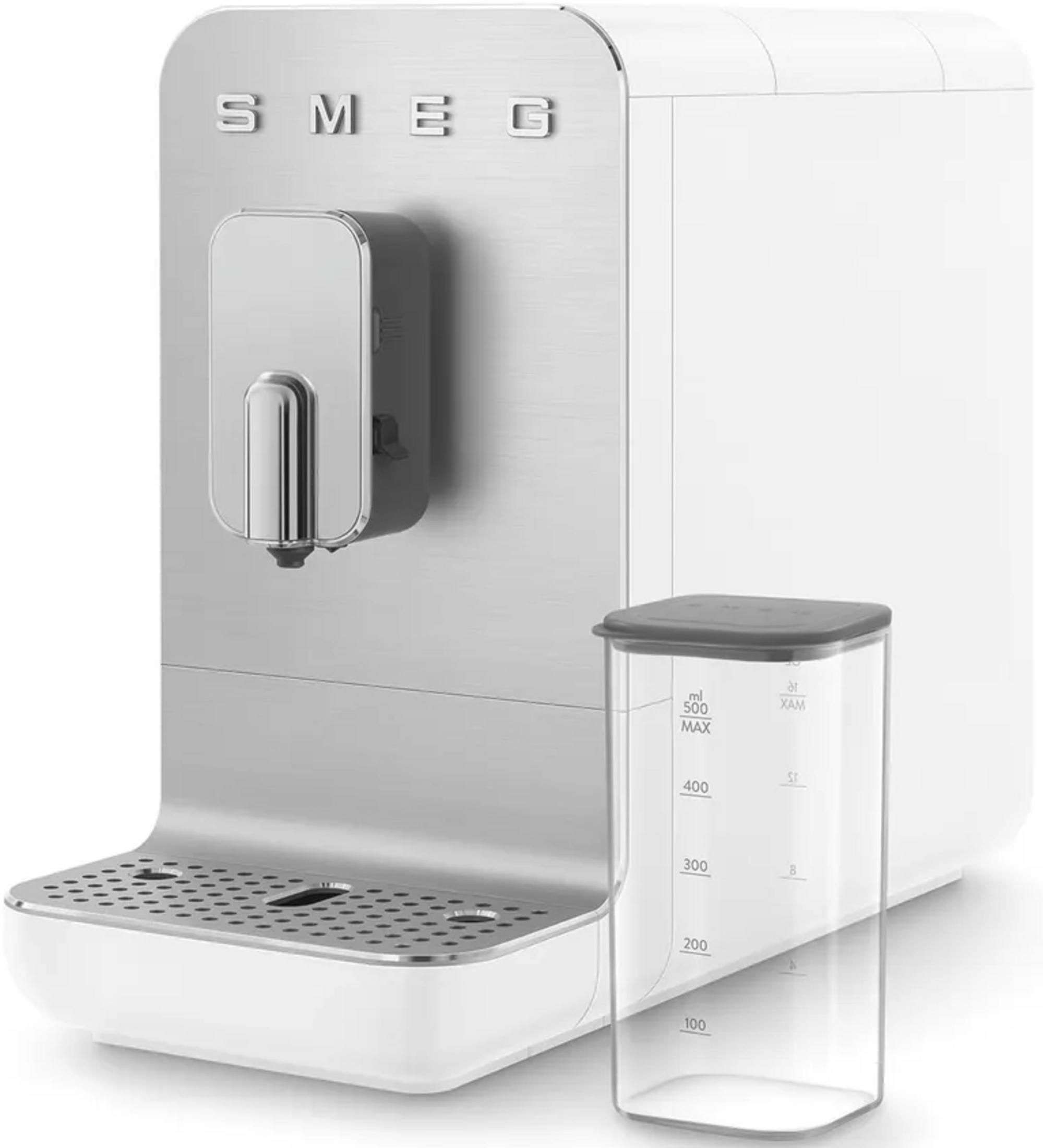 A white Smeg coffee machine with a silver front and a removable water tank.