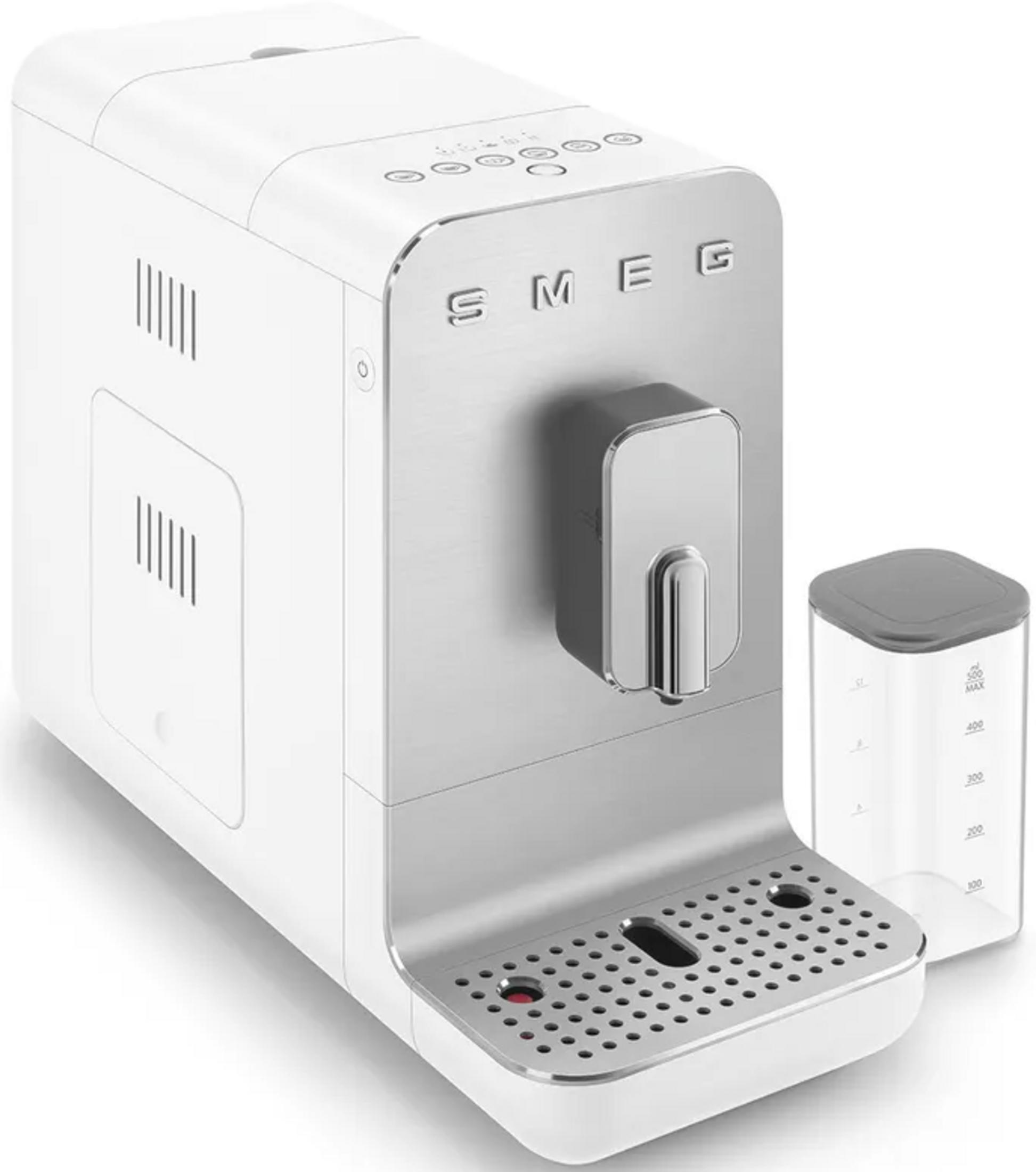 A white coffee machine with silver accents and a water tank.