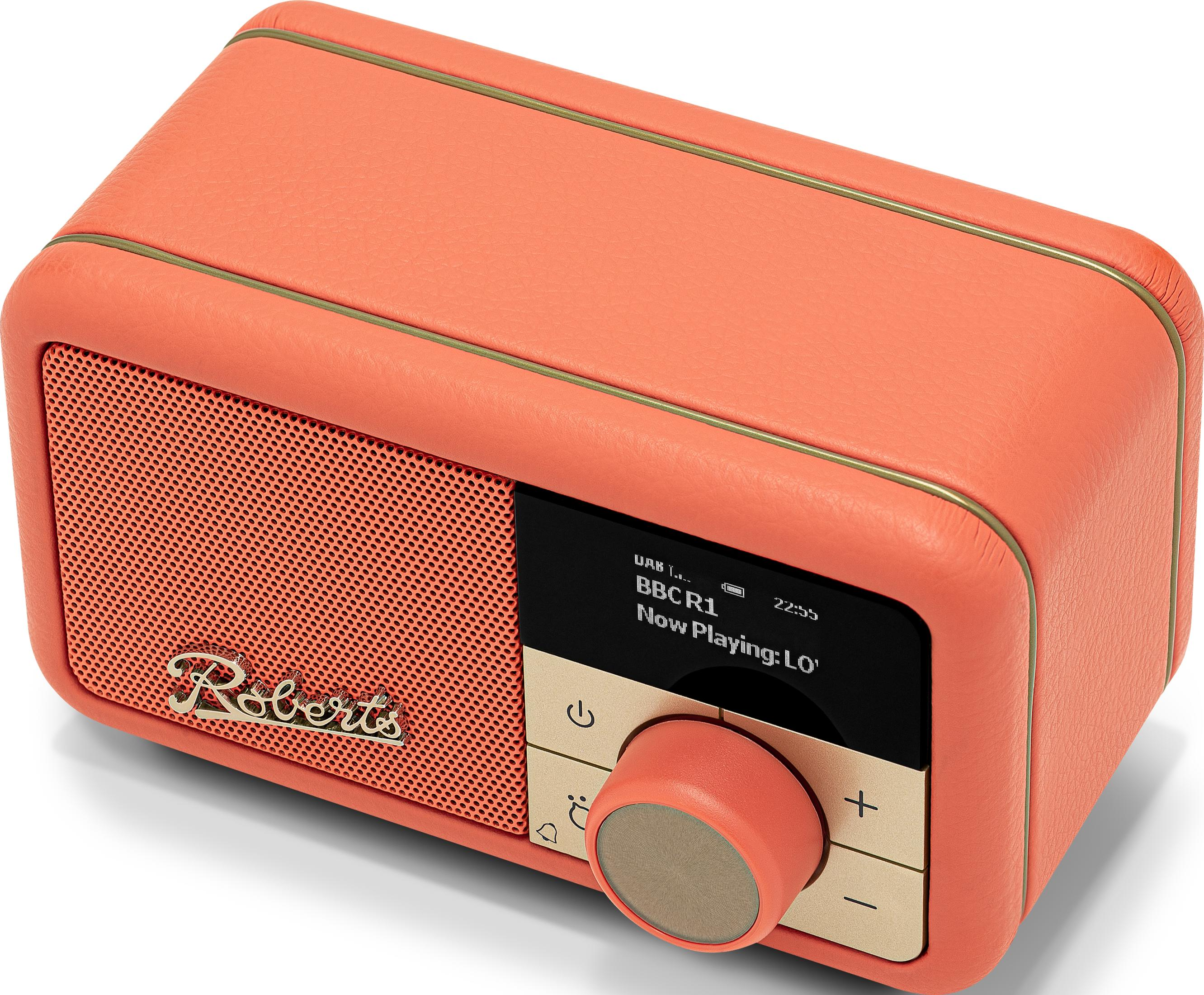 Una radio Roberts color corallo con altoparlante e display digitale.