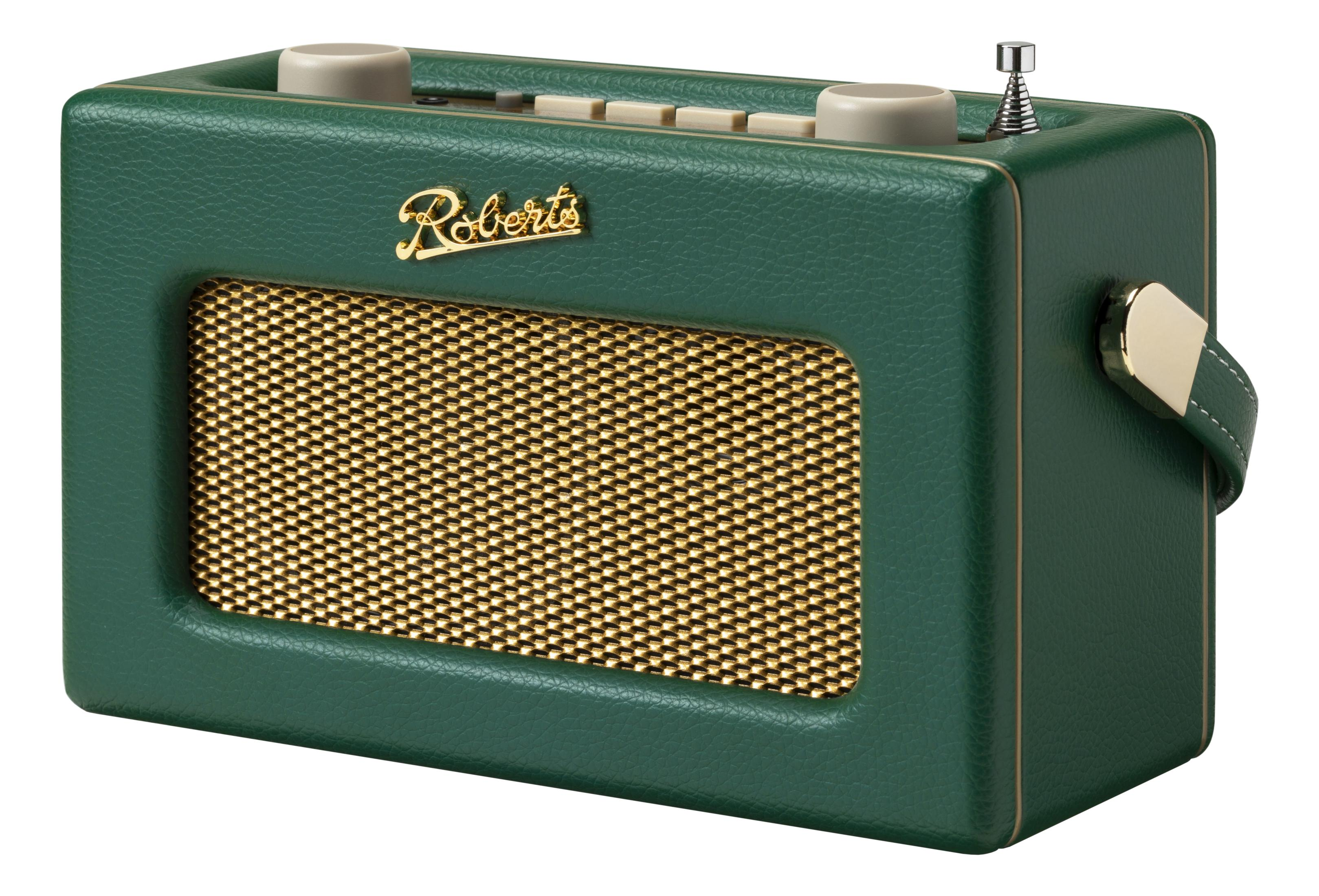 Zielone radio Roberts ze złotą maskownicą głośnika i srebrną anteną.