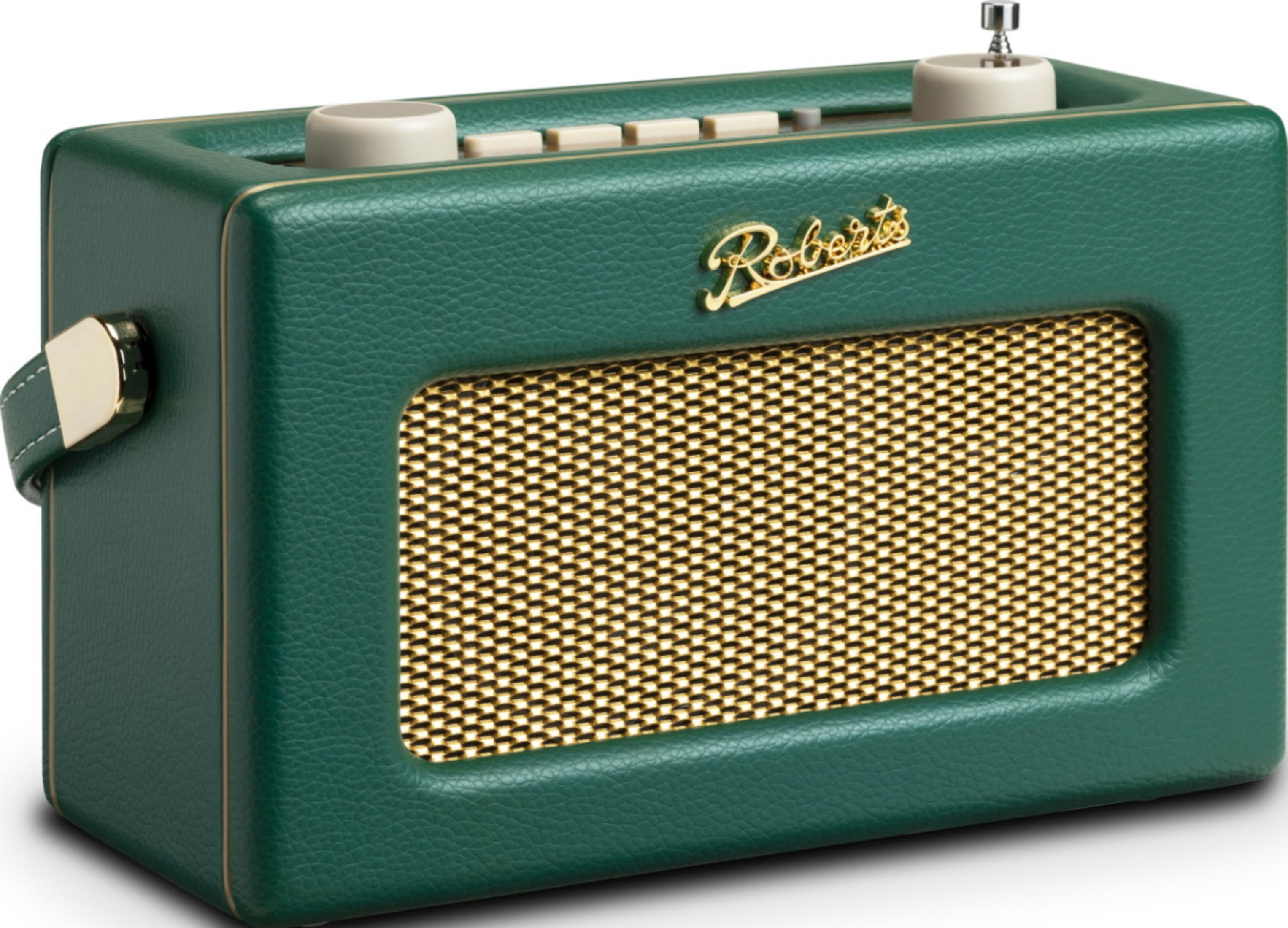 Zielone radio Roberts ze złotą kratką głośnika i pokrętłami.