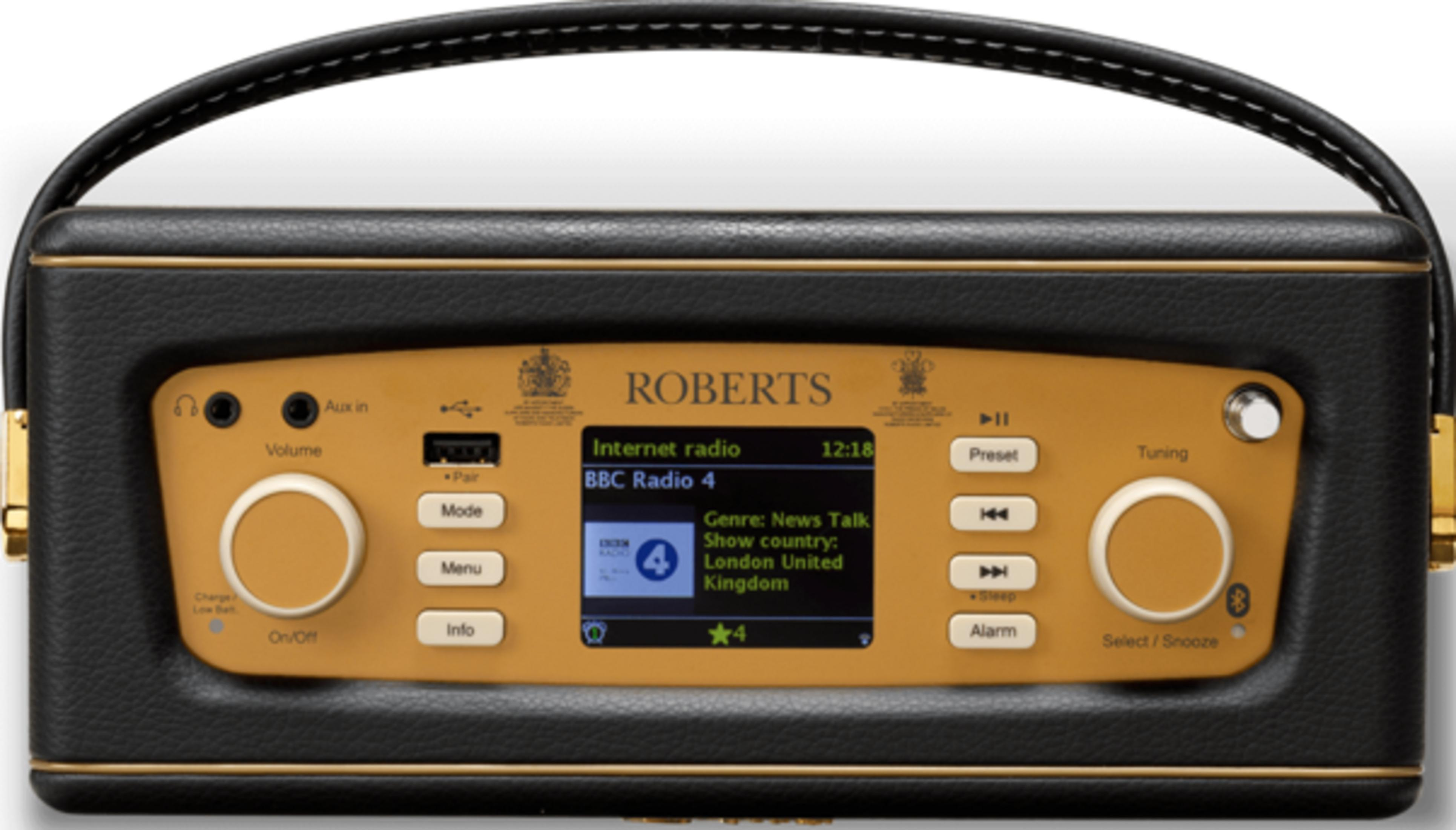 Czarno-złote radio internetowe Roberts z uchwytem.