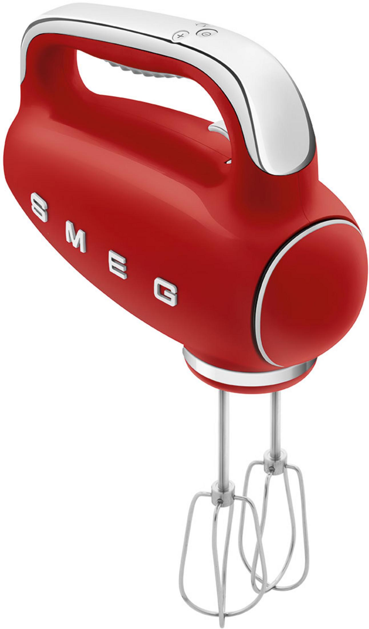 Ein roter Handmixer mit Chromdetails und zwei Quirlen.