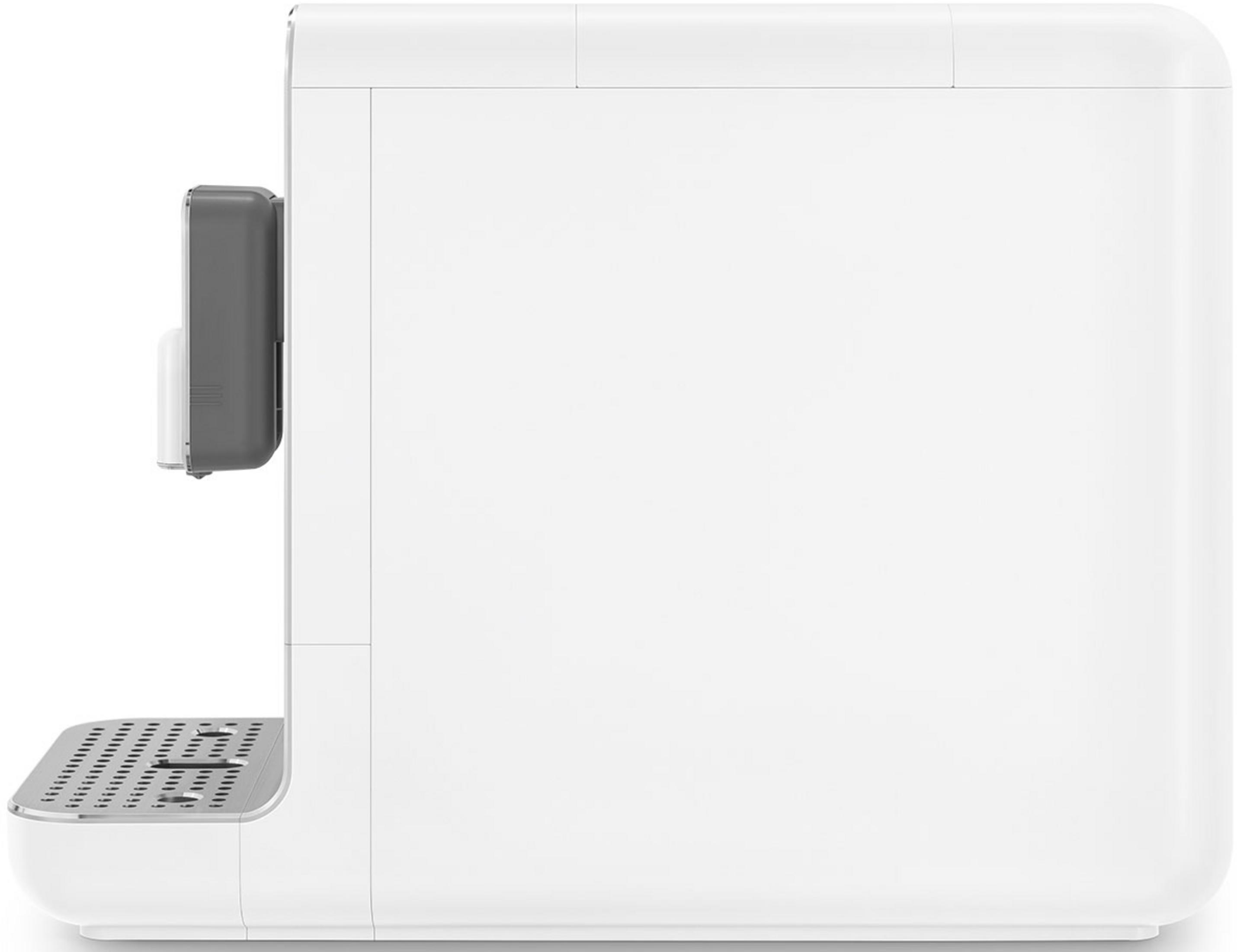 Biały ekspres do kawy z szarym dozownikiem i tacką ociekową.