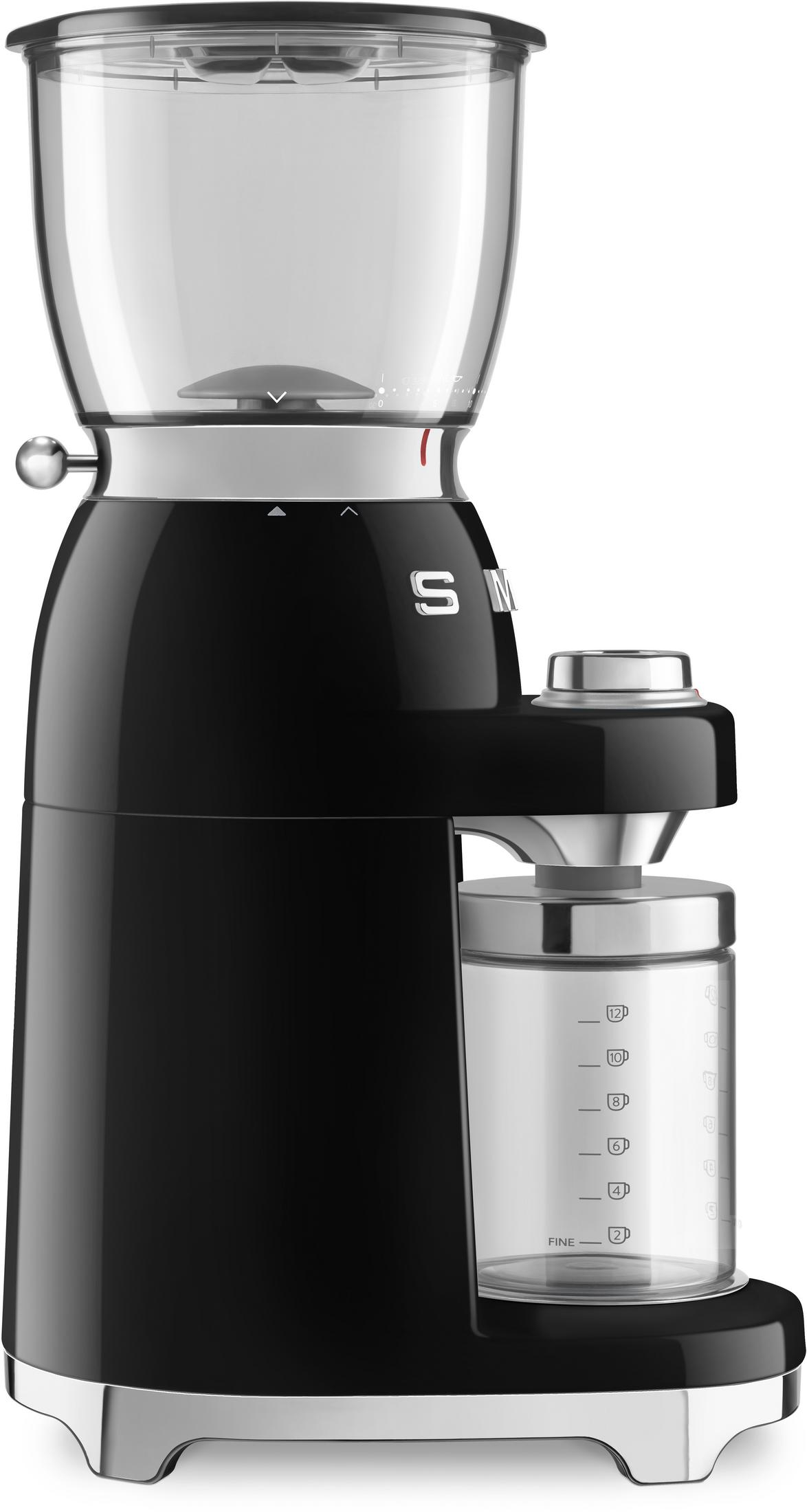 Czarny młynek do kawy ze szklanym pojemnikiem i chromowanymi detalami. Regulowane stopnie mielenia.