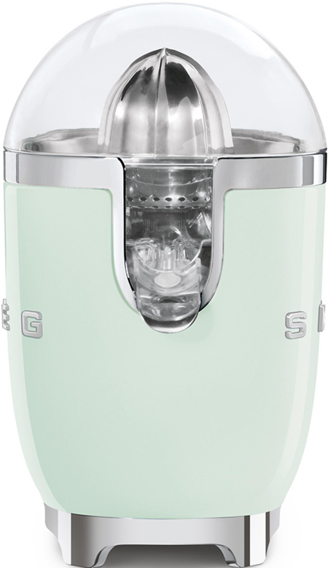 Jasnozielona wyciskarka do cytrusów ze srebrnymi akcentami i przezroczystą pokrywą.