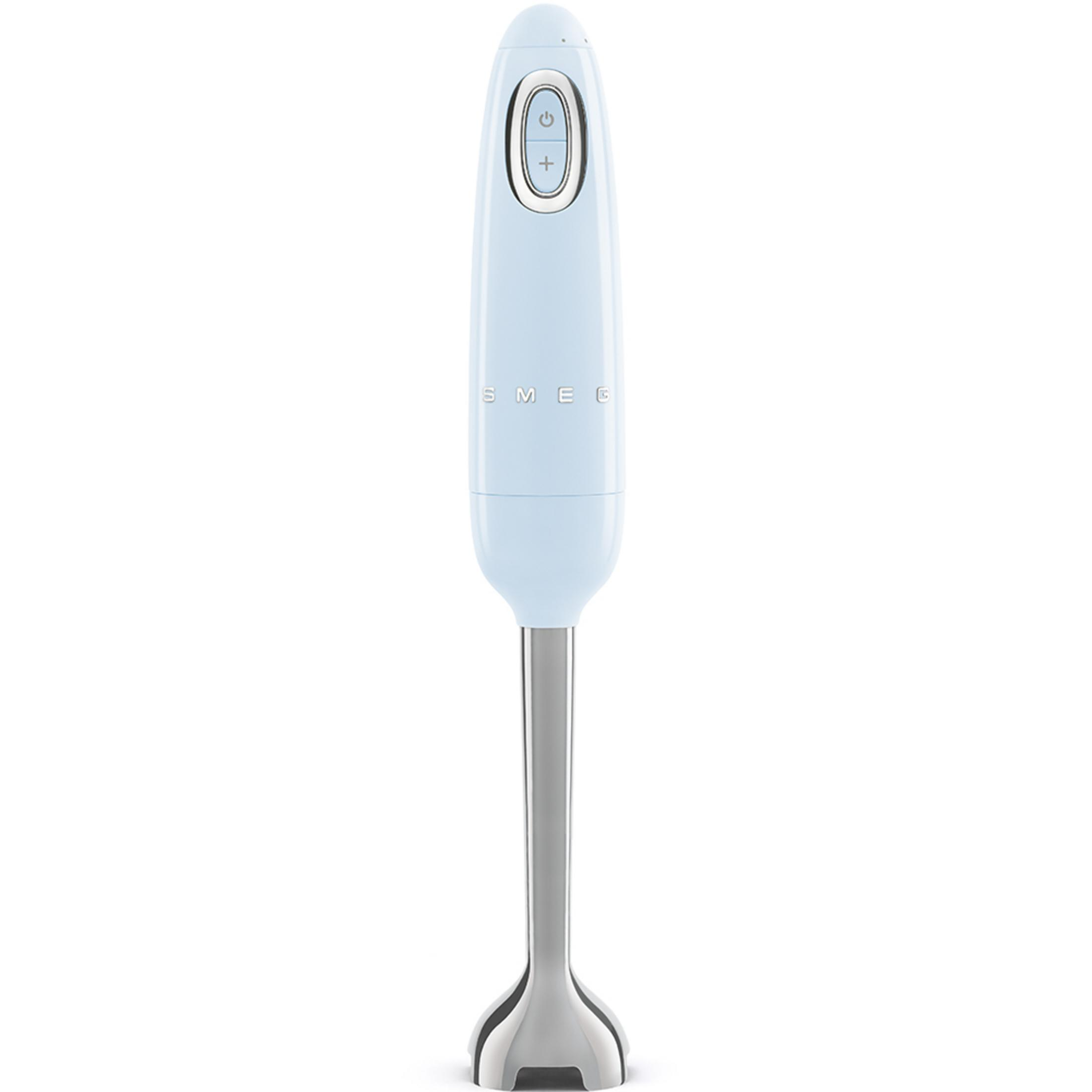 Frullatore a mano Smeg azzurro con albero e pulsanti argentati.