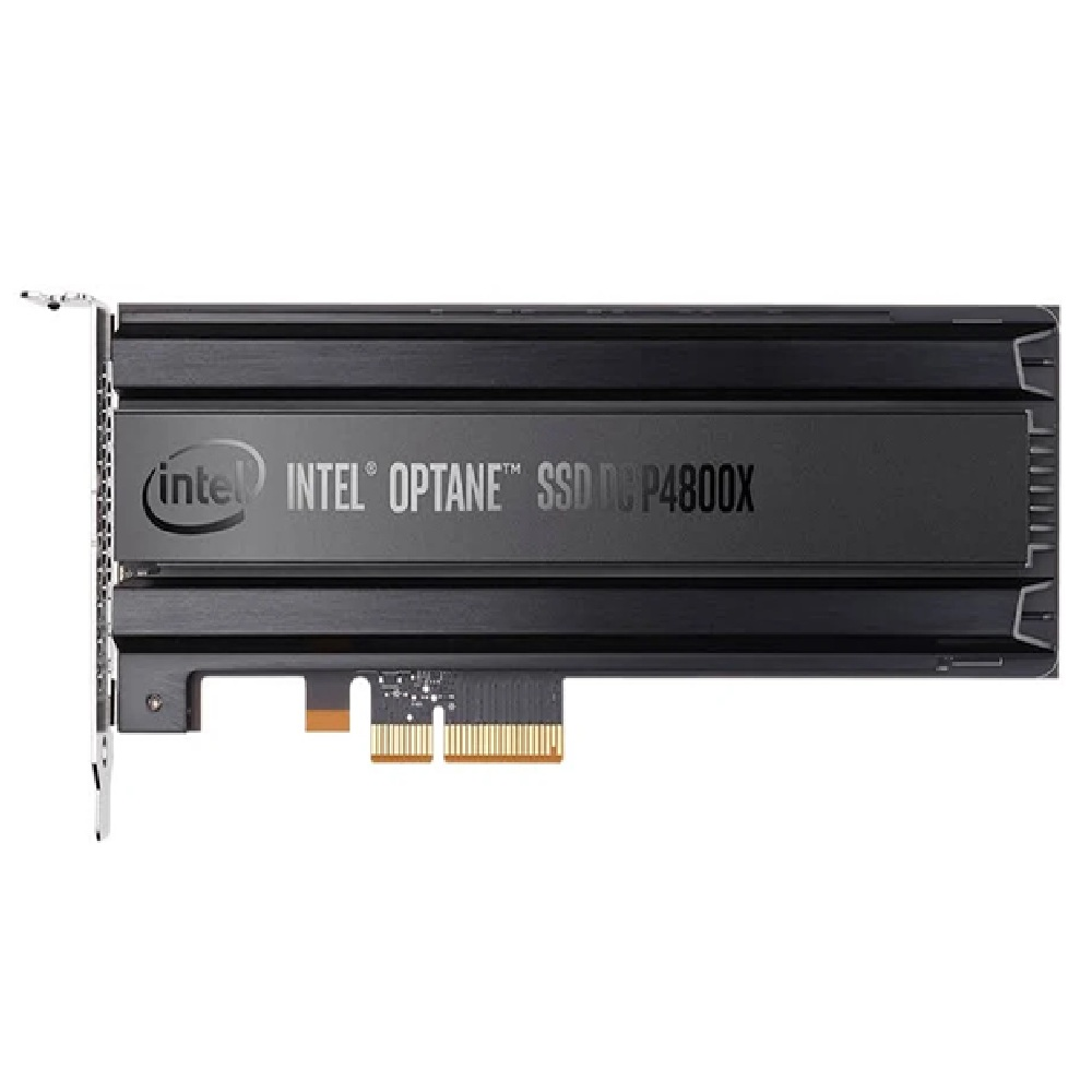 Una scheda di memoria Intel Optane SSD DC P4800X nera con connettori dorati.