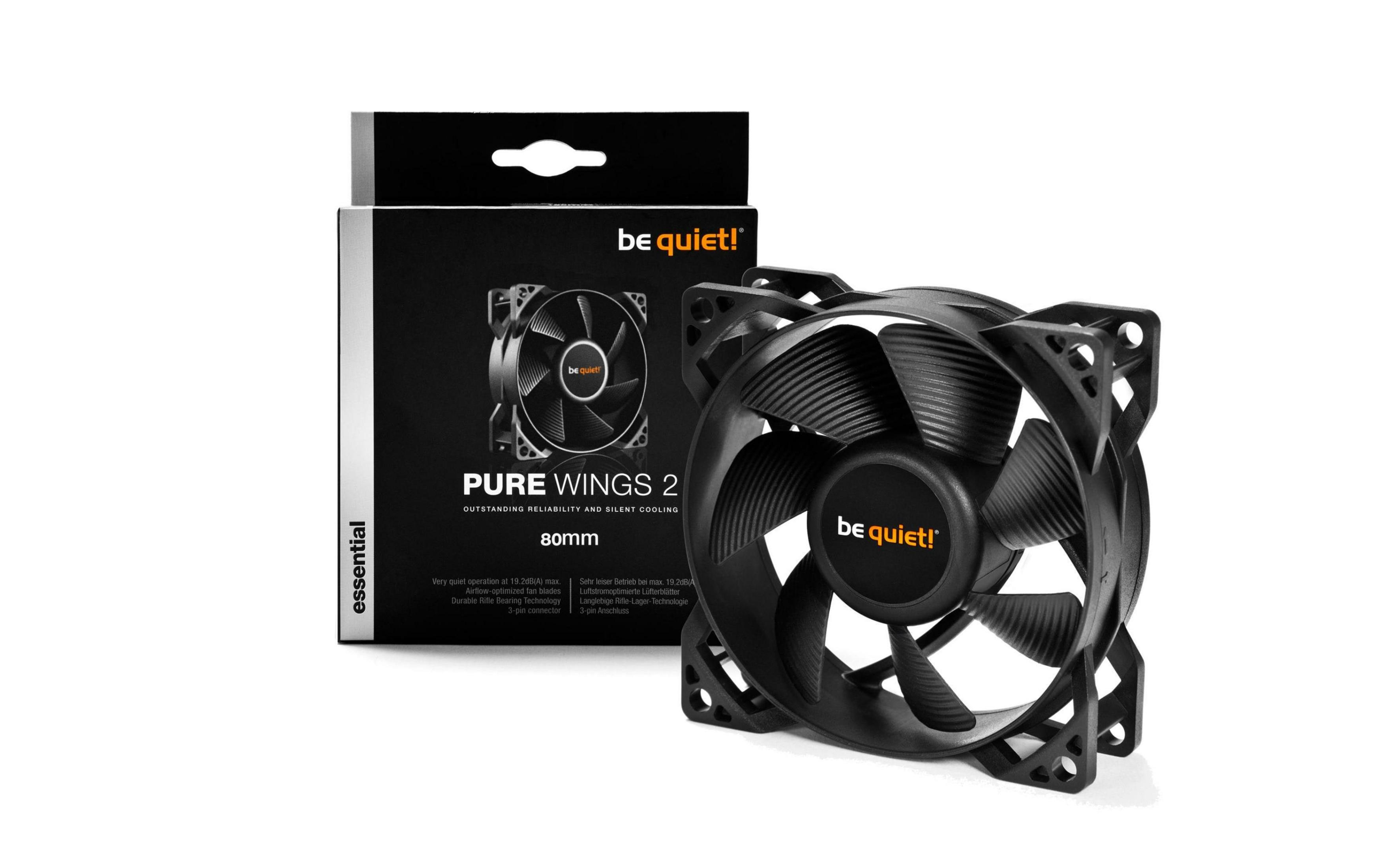 A black be quiet! 80mm PC fan next to its packaging.