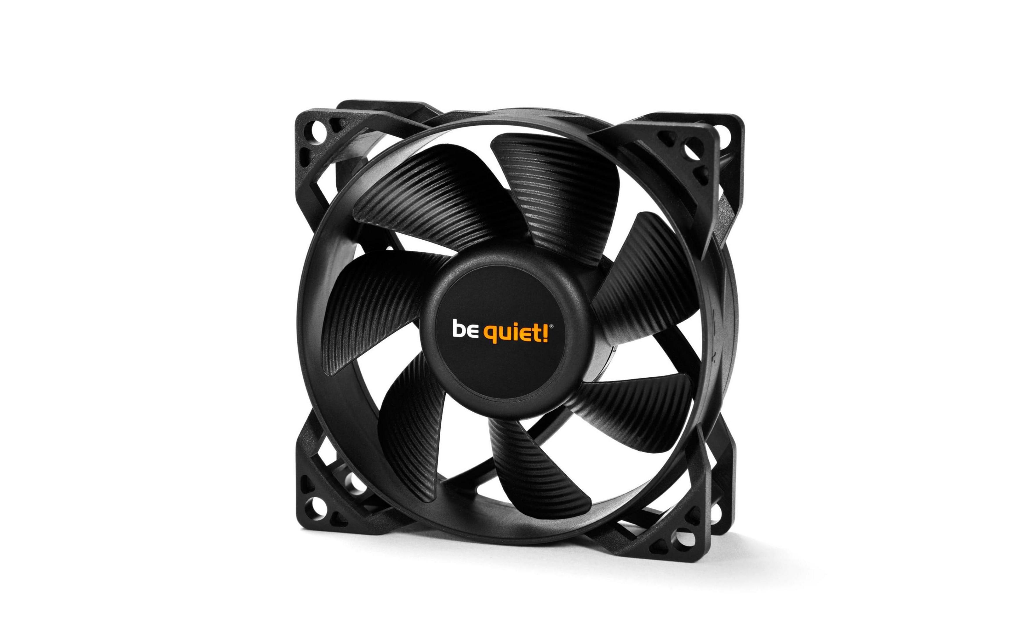A black computer fan with the "be quiet!" logo on the central housing.