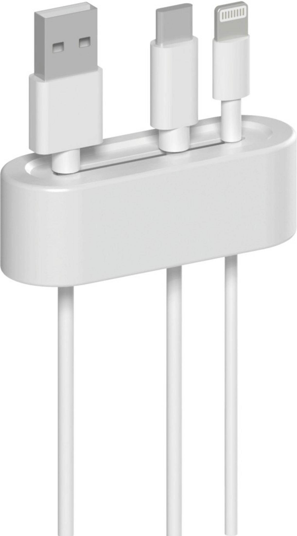 Biały adapter ładujący z trzema kablami: USB-A, USB-C i Lightning.