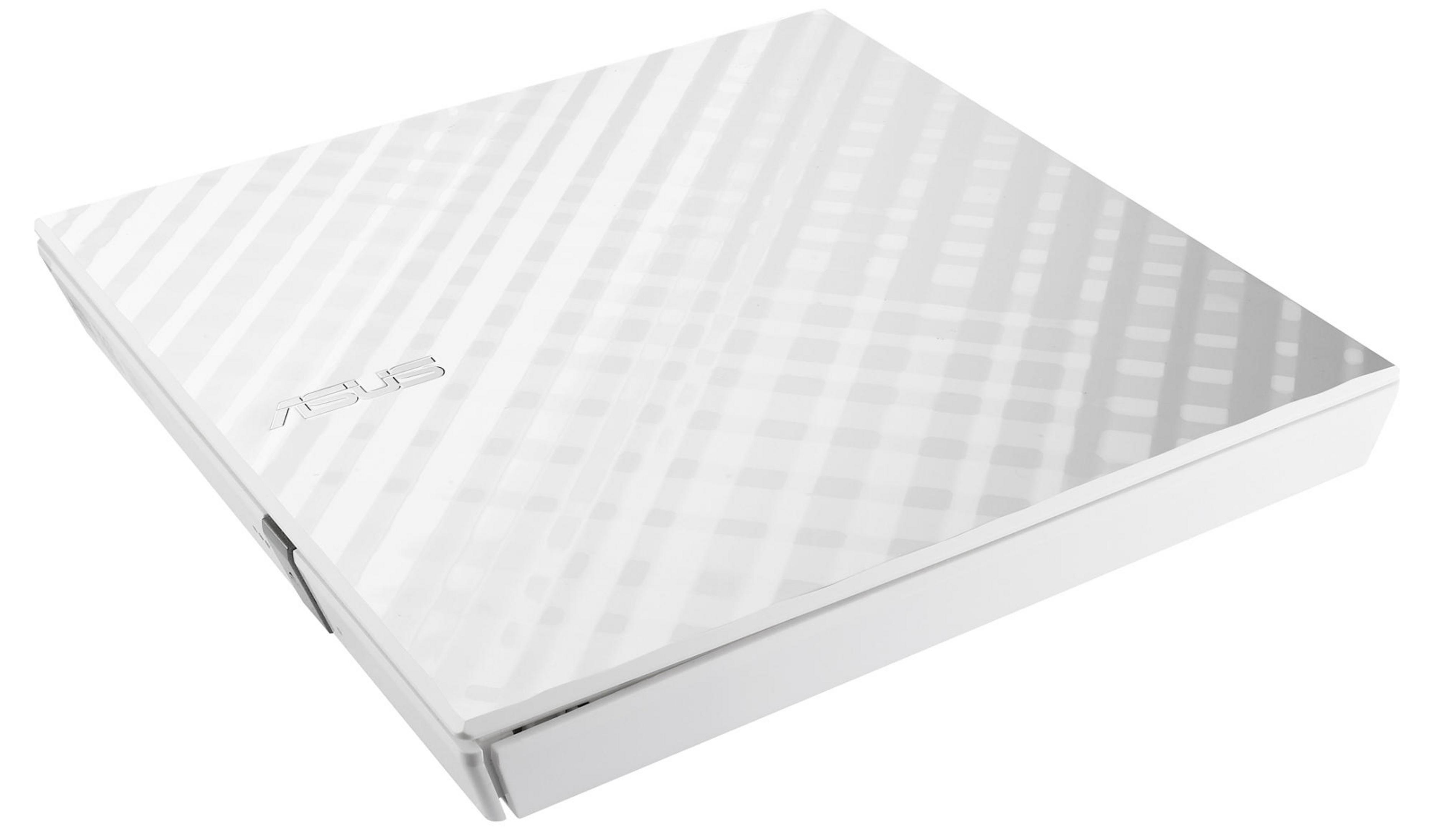 Biała zewnętrzna nagrywarka DVD ASUS z wzorzystą pokrywą.