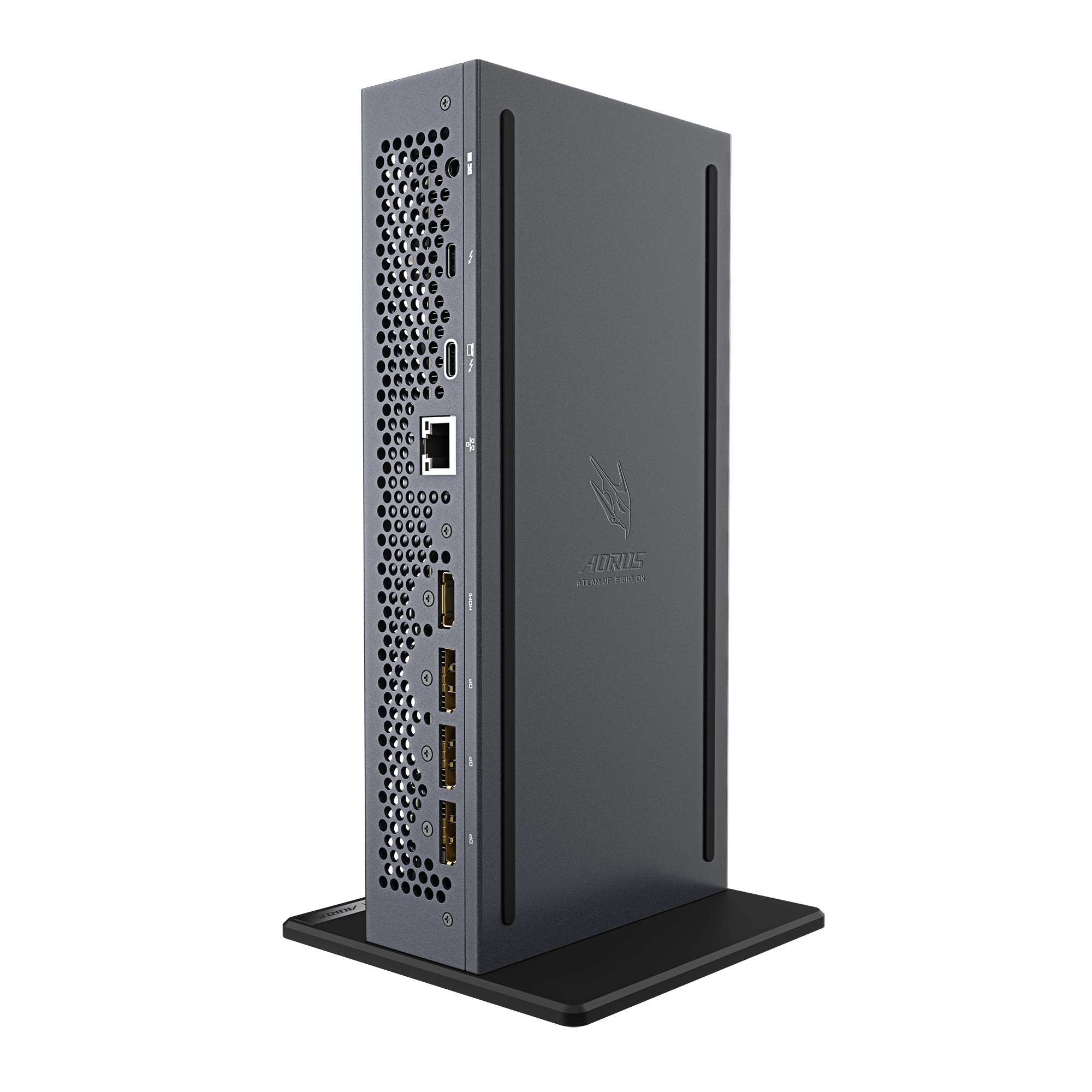 Mini PC grigio con fessure di ventilazione e porte.