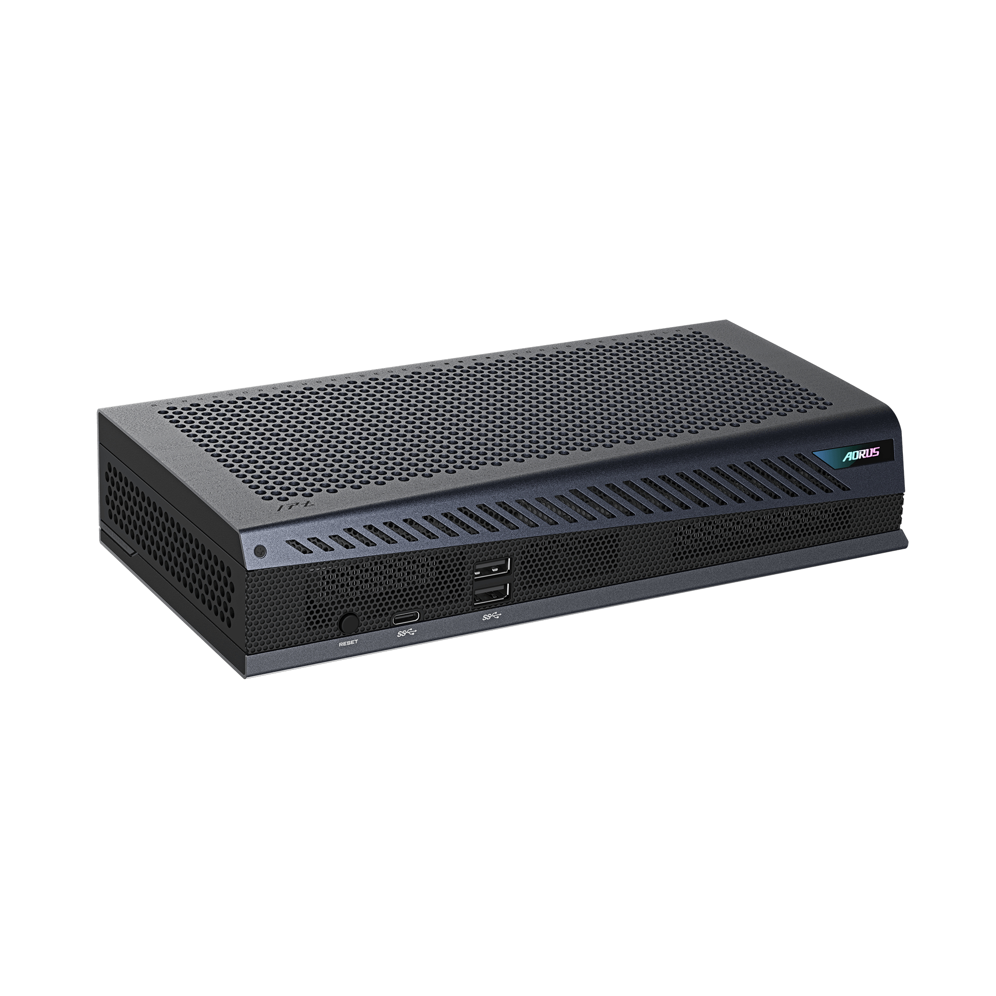 Un mini PC nero con prese d'aria e porte anteriori.