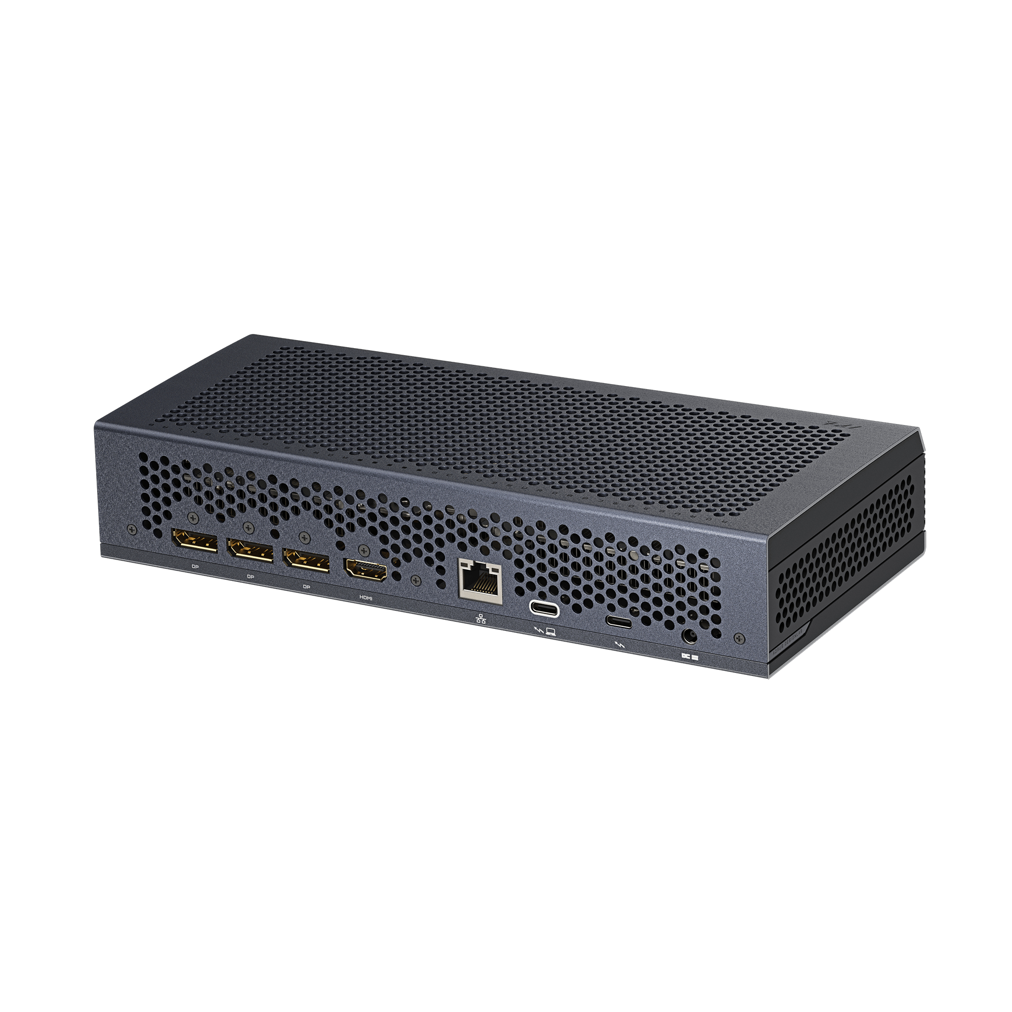 Case nero per mini PC con fessure di ventilazione e porte come DP, HDMI, USB e ingresso alimentazione.
