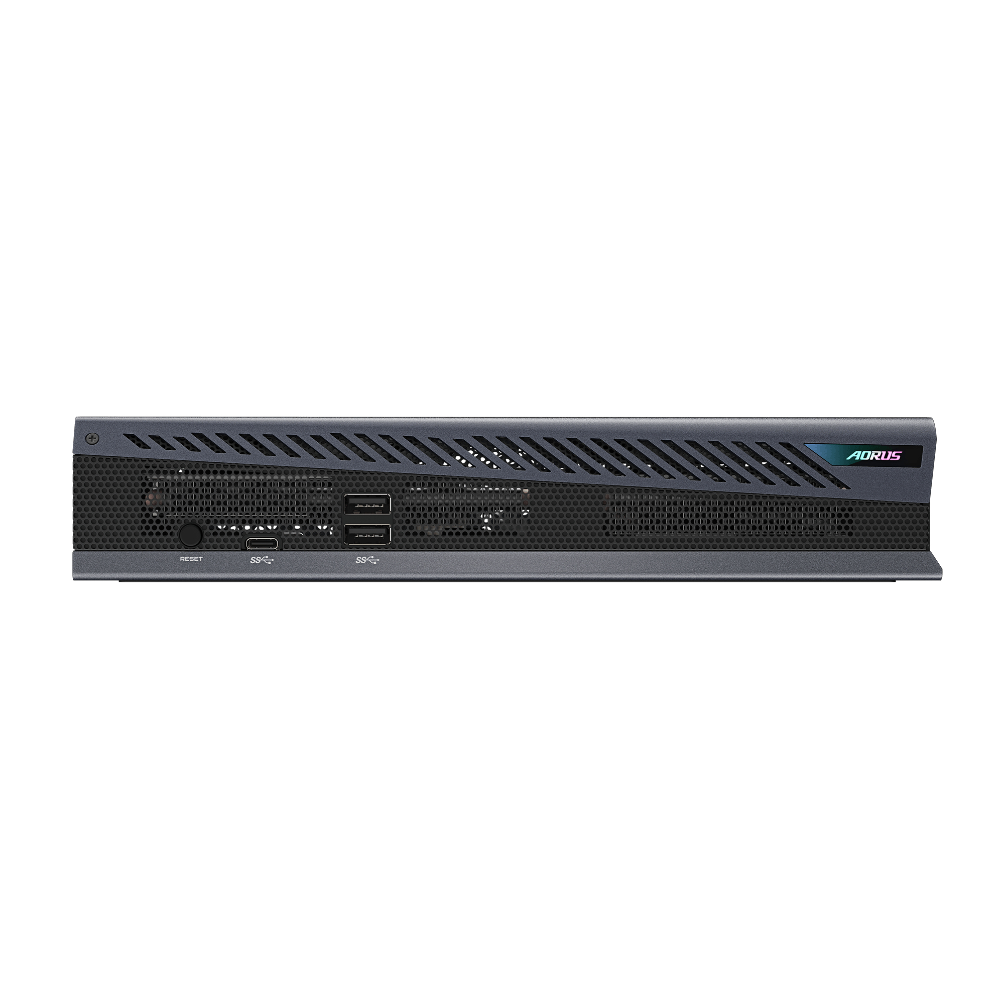 Un elegante chassis scuro con fessure di ventilazione, porte USB e logo AORUS.