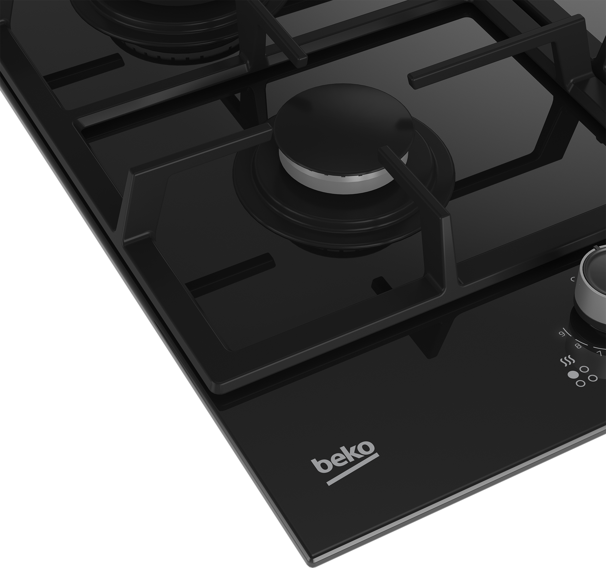 Piano cottura a gas nero con supporti in ghisa e logo Beko.
