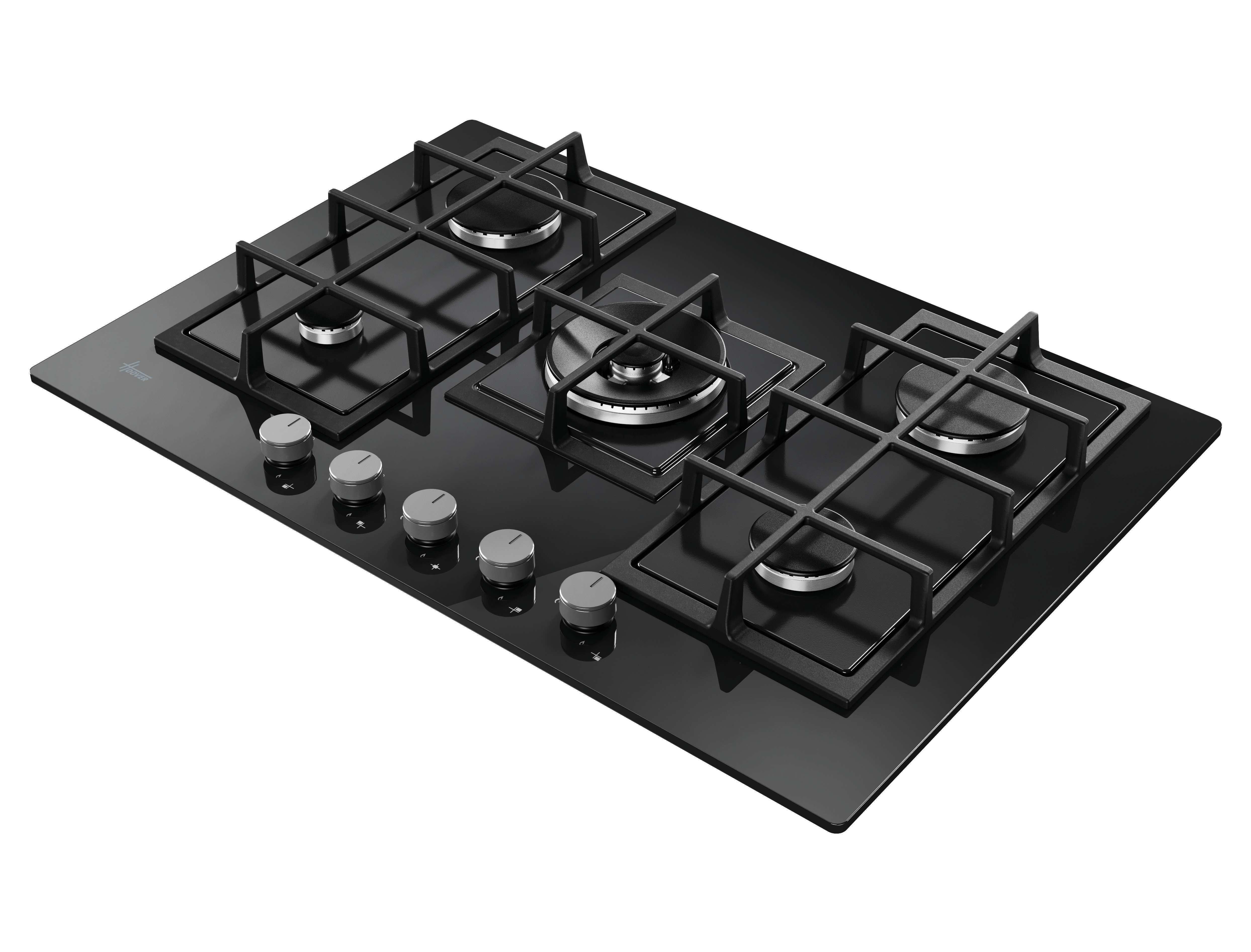 Piano cottura a gas nero con quattro bruciatori e griglie metalliche.