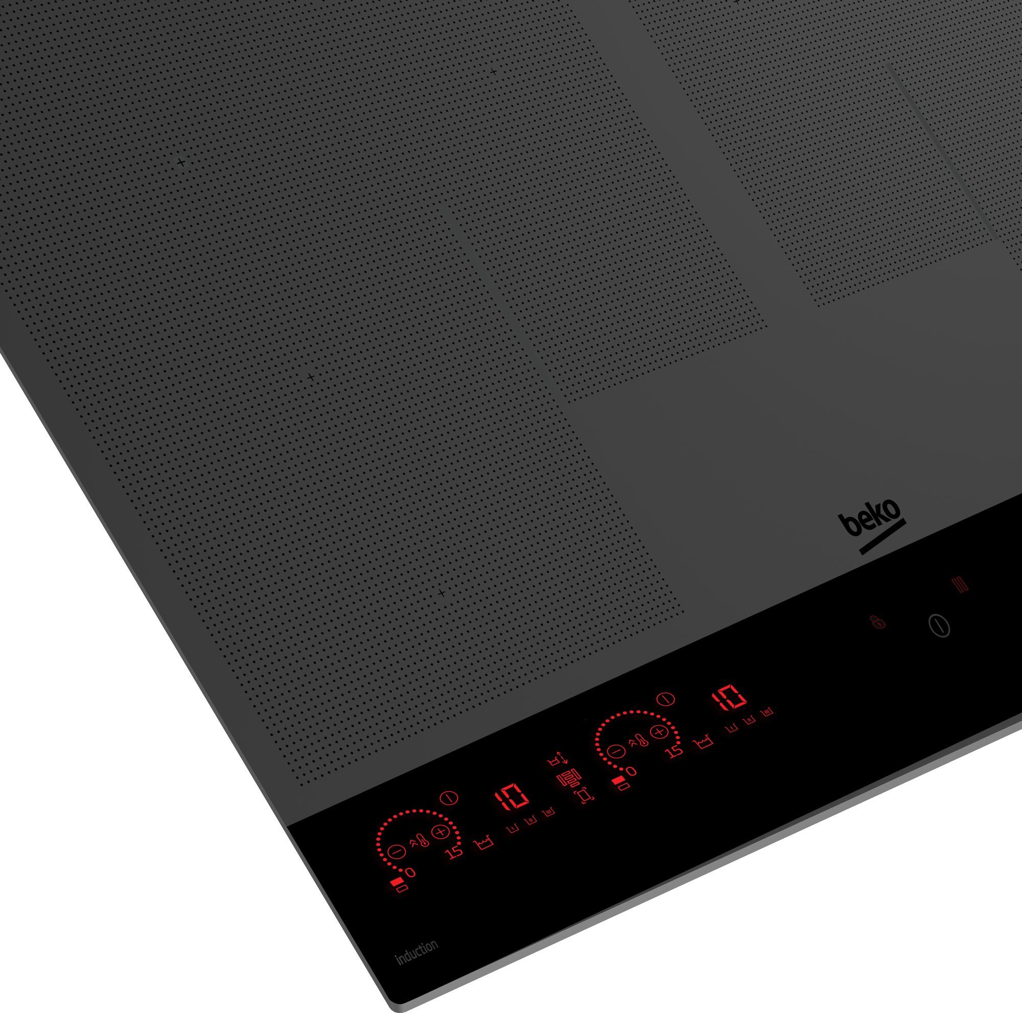 Superficie piano cottura a induzione nero con display digitali rossi e logo Beko.