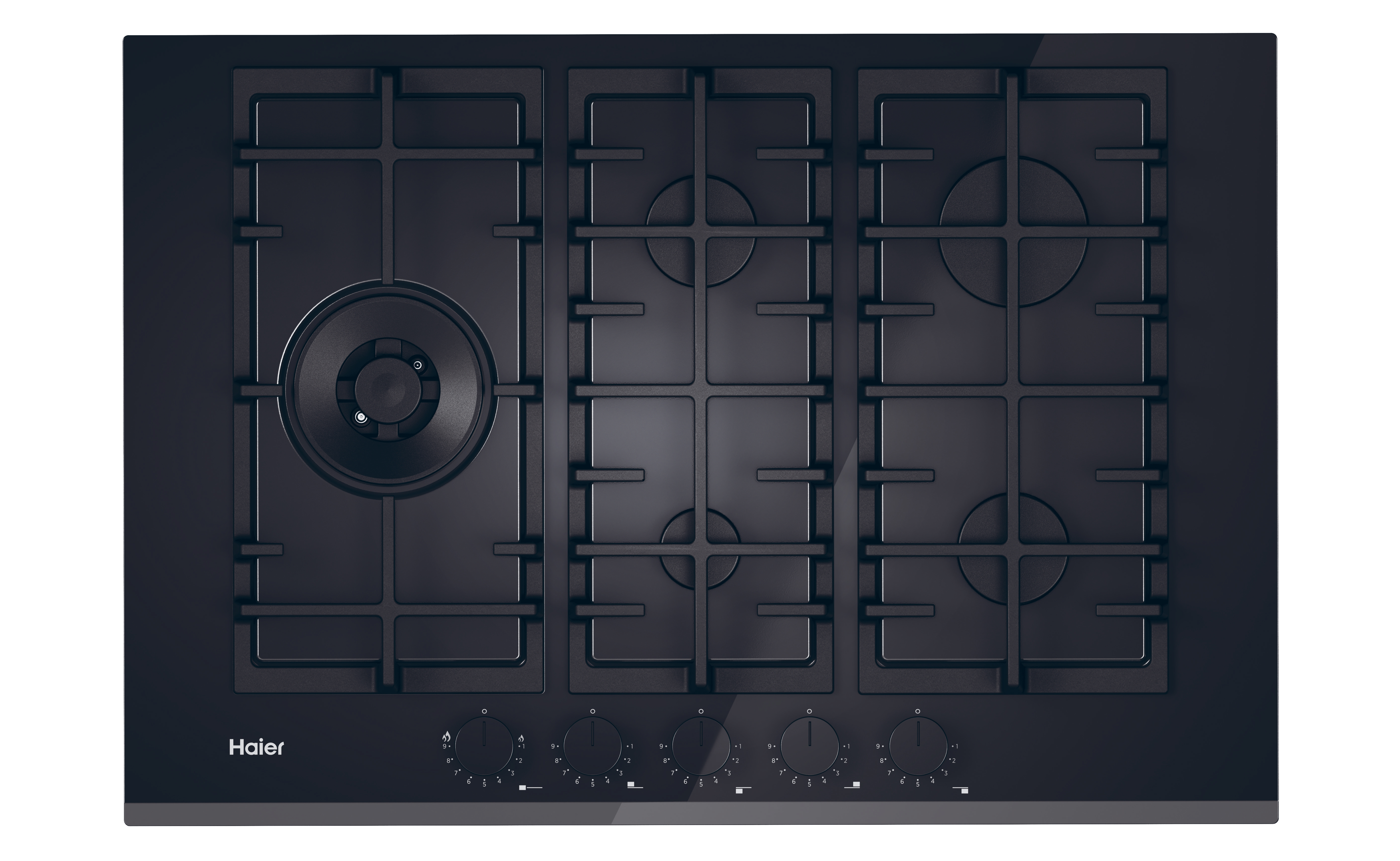Placa de gas negra con cinco quemadores y logotipo Haier.