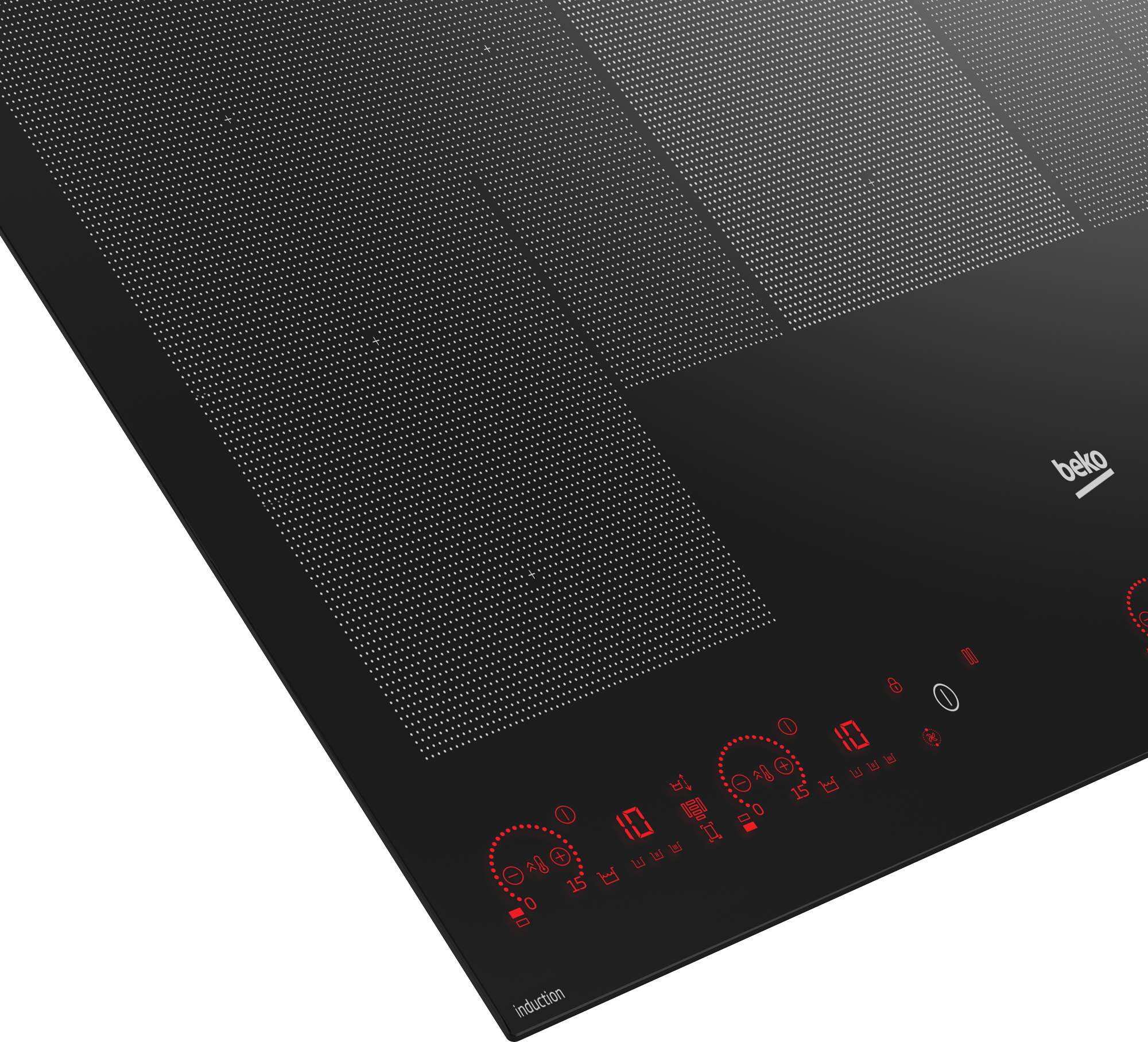 Piano cottura a induzione nero con display digitale rosso e controlli.