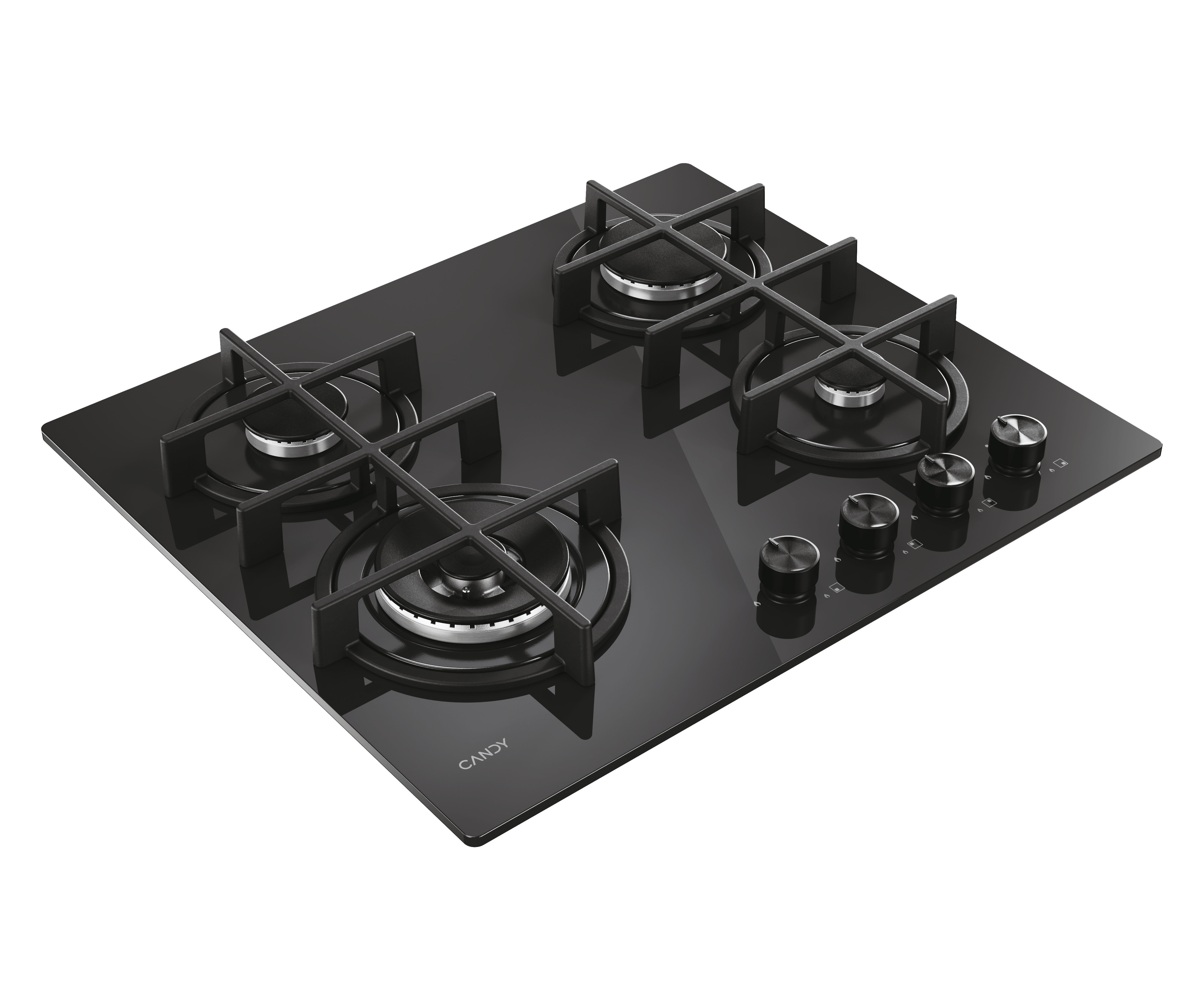 Placa de gas negra con cuatro quemadores y rejillas metálicas, con mandos giratorios.