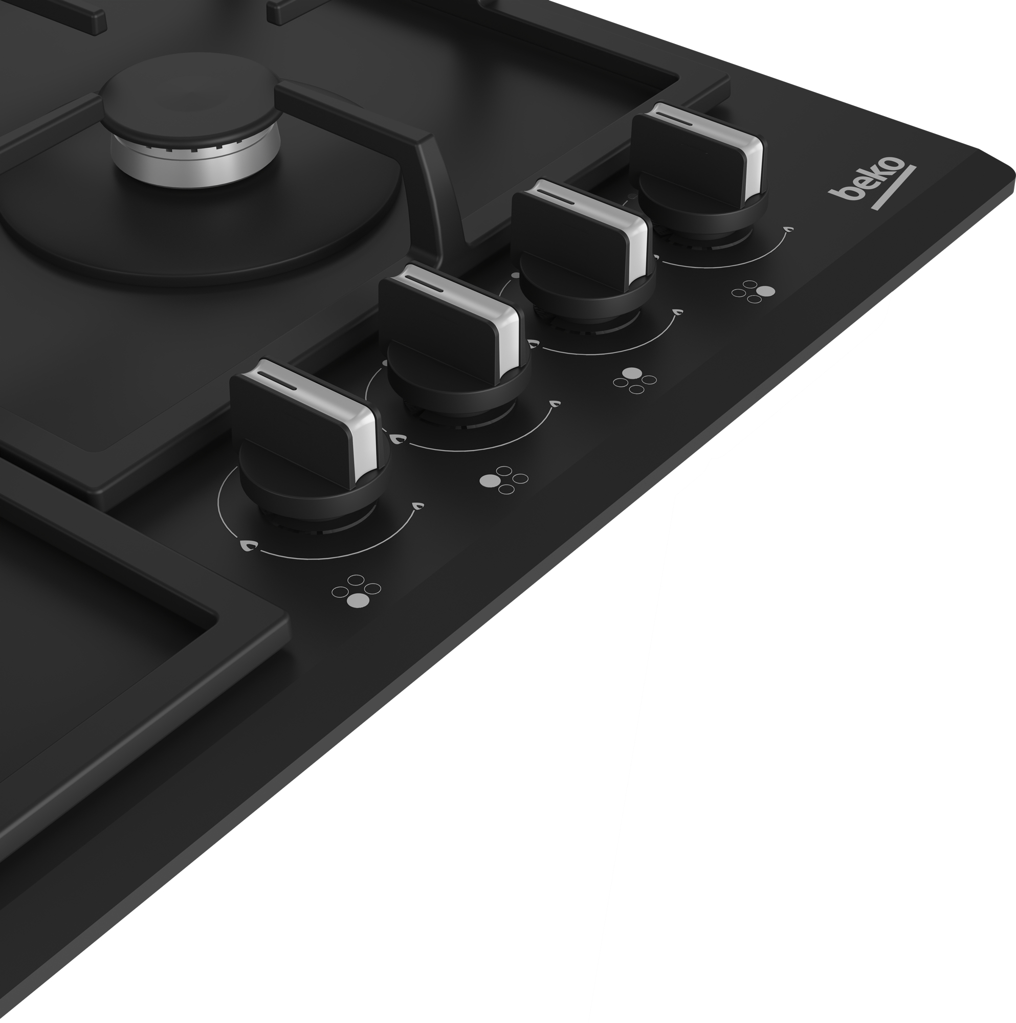 Czarna płyta gazowa z czterema pokrętłami i logo Beko.