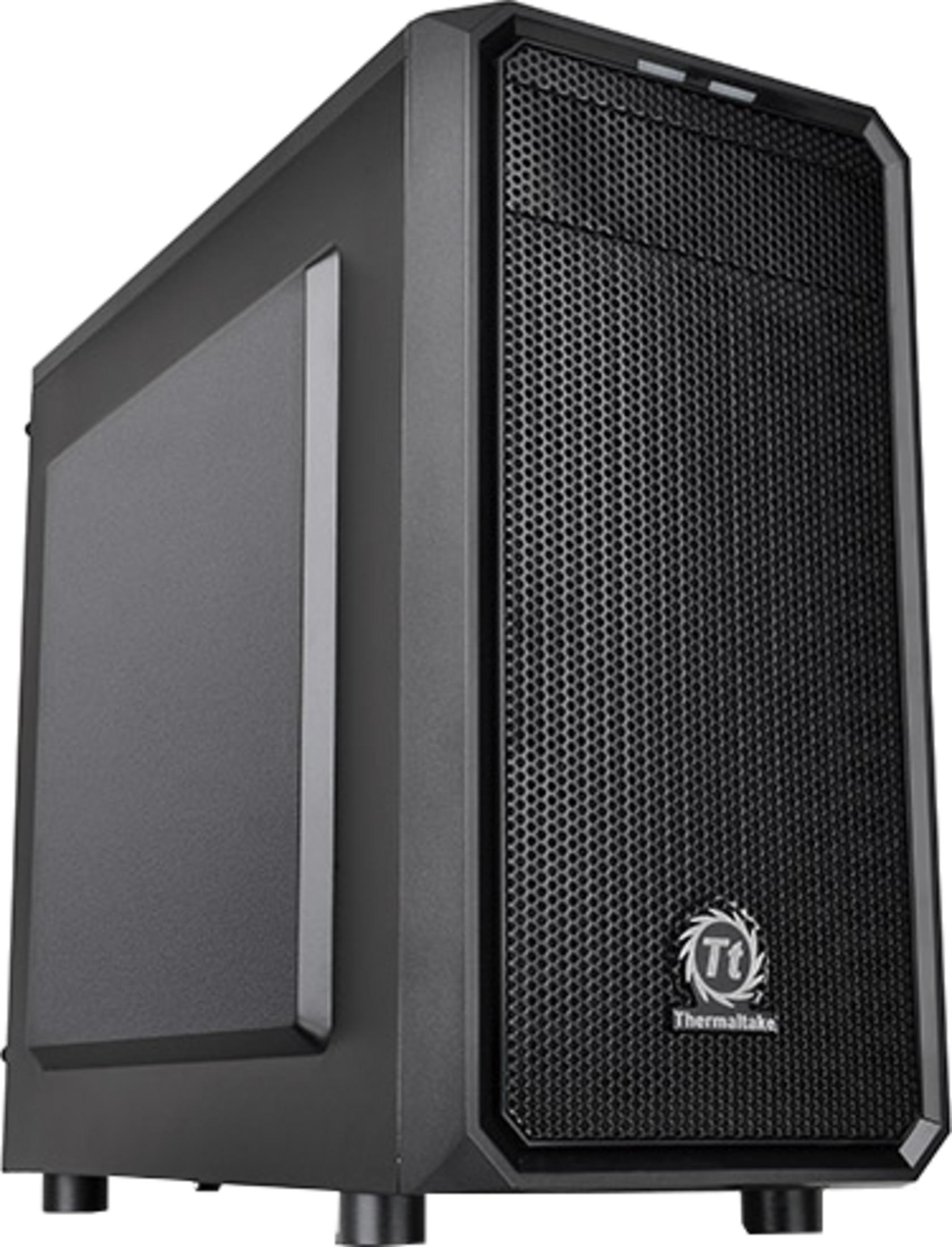 Case per computer nero con pannello frontale ventilato e logo Thermaltake.