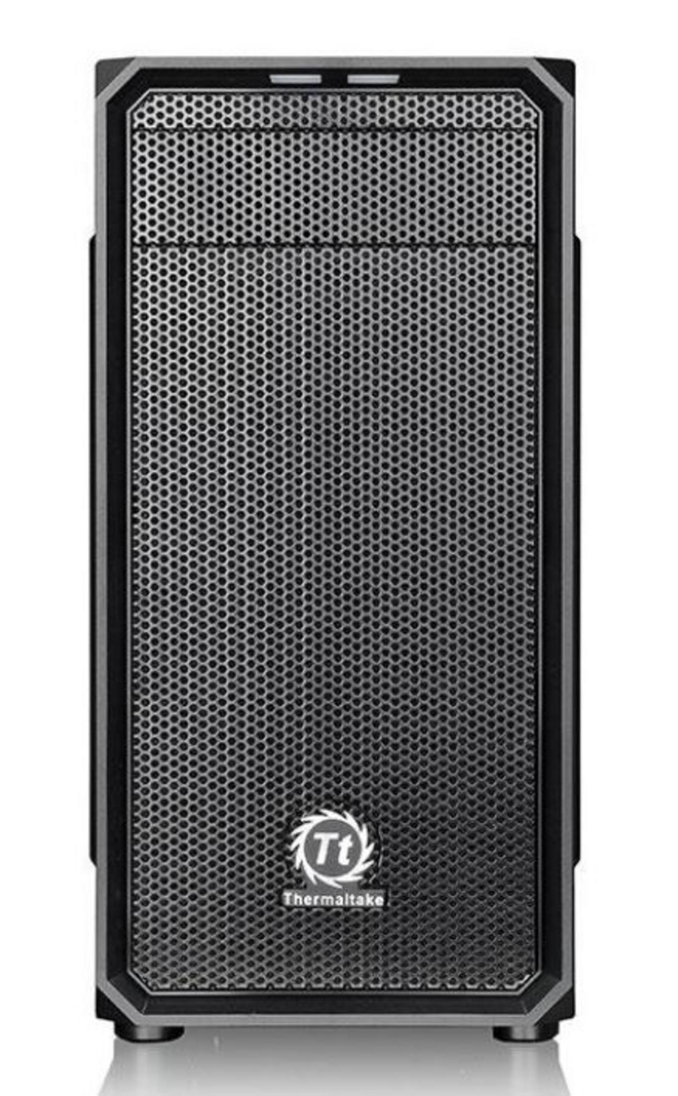 Un case per computer Thermaltake nero con pannello frontale traforato.