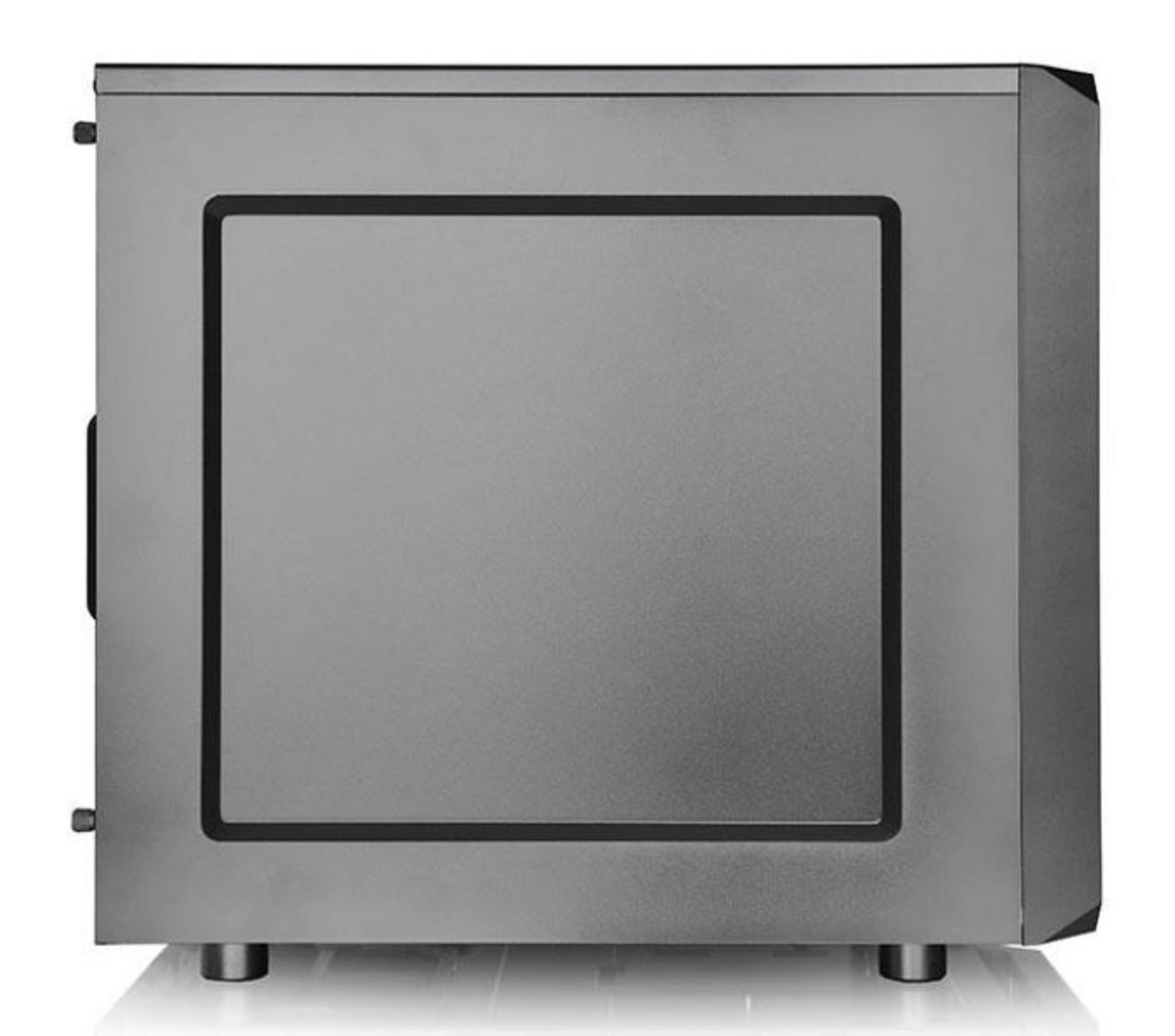 Case per computer grigio con finestra rettangolare nera sul lato.