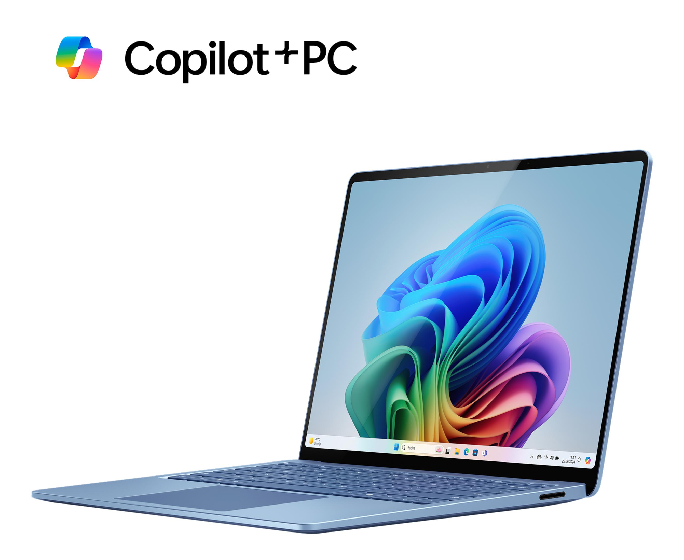 Ein blaues Copilot+ PC-Laptop mit einem bunten Wellenmuster auf dem Bildschirm.