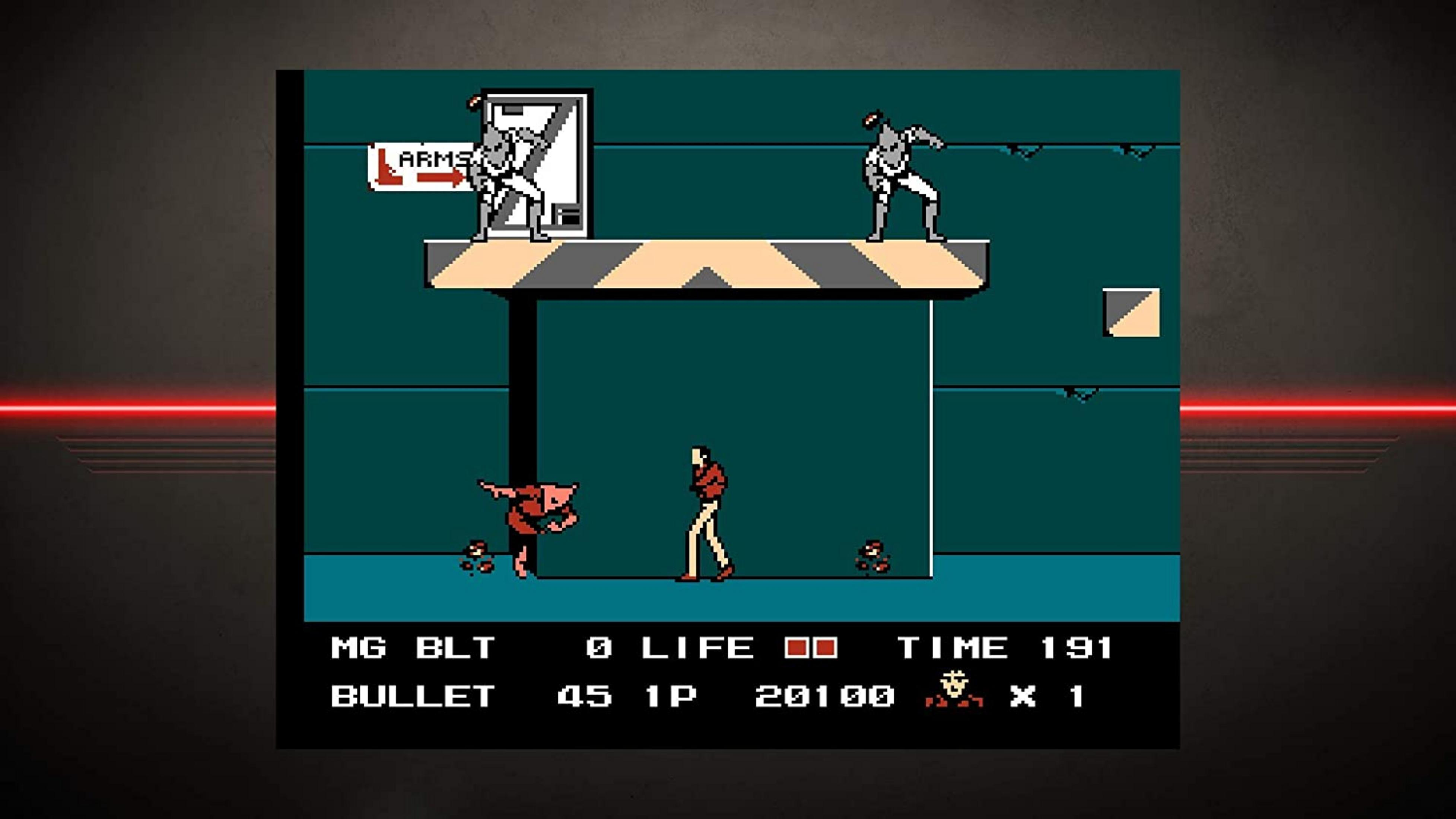 8-Bit-Spielszene: Charaktere kämpfen auf Plattformen. Unten: MG BLT 0 LIFE TIME 191 BULLET 45 1P 20100 X 1