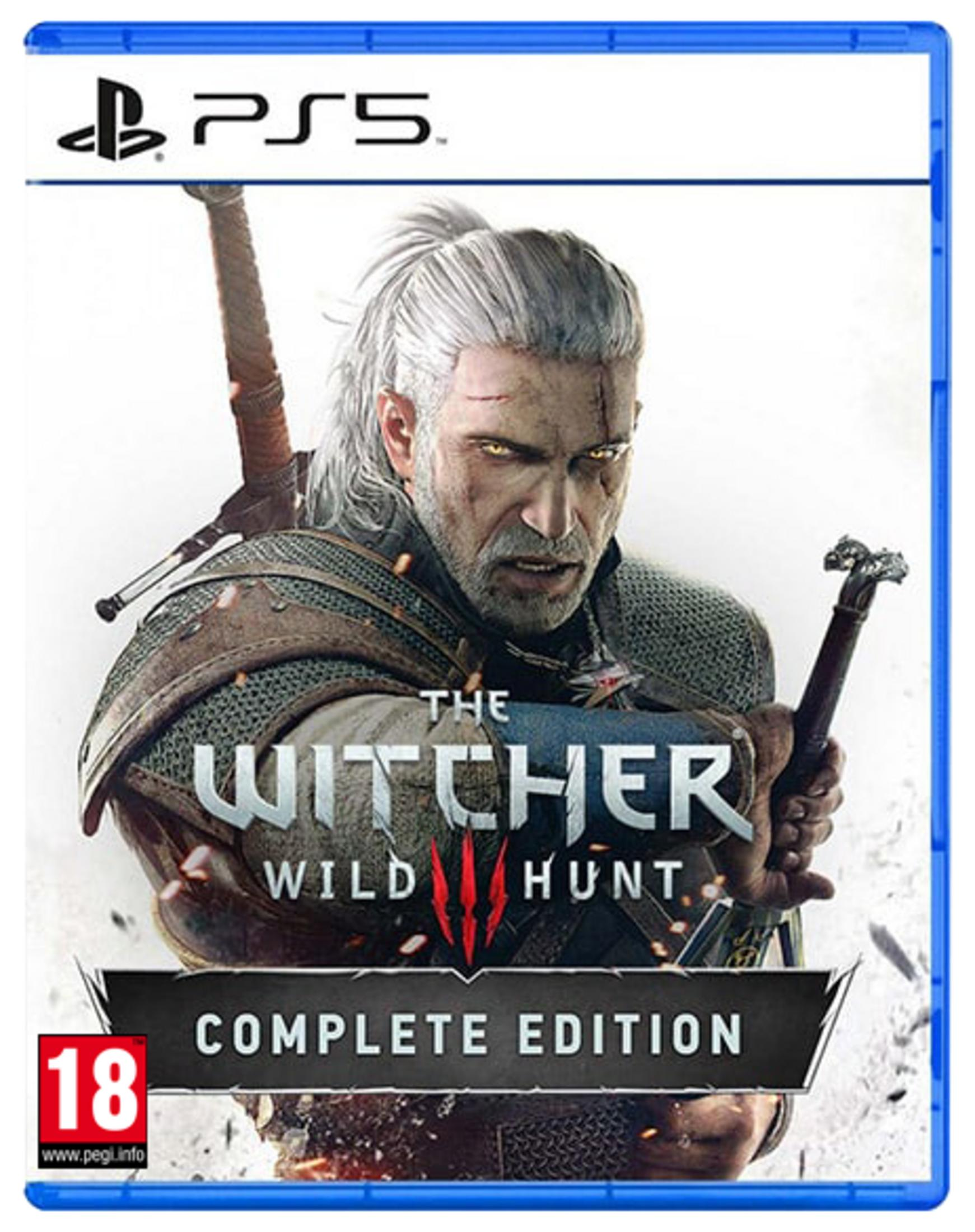 Copertina PS5 The Witcher 3: Wild Hunt Complete Edition, con Geralt in primo piano.