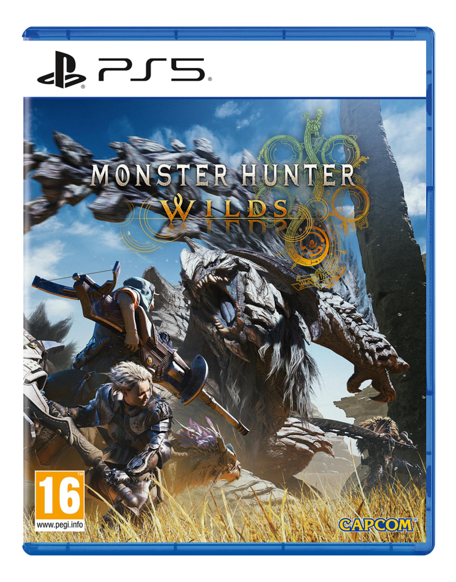 Copertina PS5 Monster Hunter Wilds: Cacciatori combattono un grosso mostro in un paesaggio roccioso.
