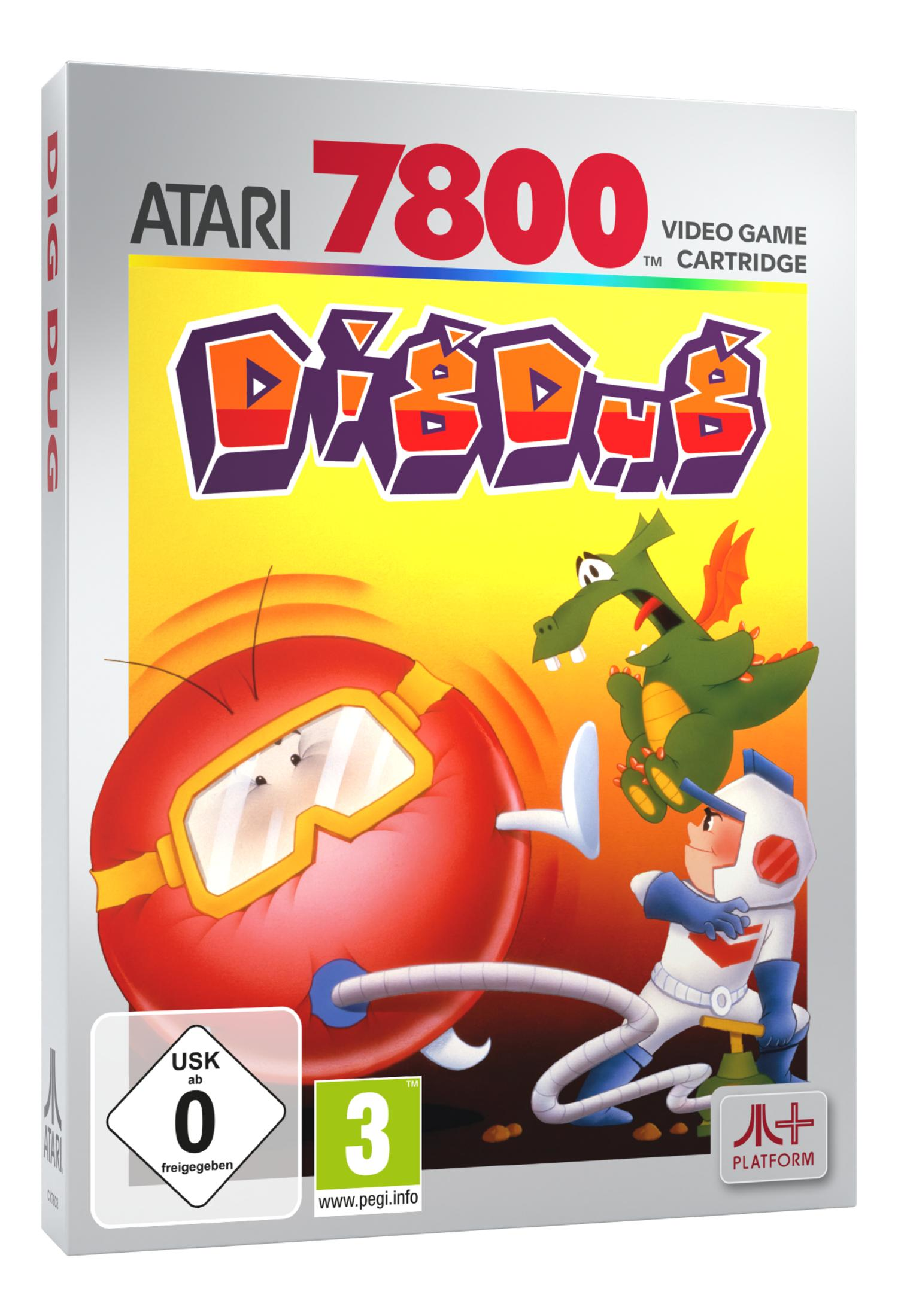 Pudełko z grą wideo Atari 7800 z logo Dig Dug, astronautą i smokiem.