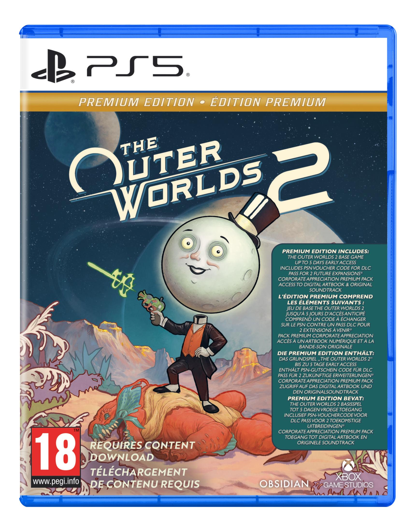 Gioco PS5 "The Outer Worlds 2" Edizione Premium con personaggio senza testa e cilindro.