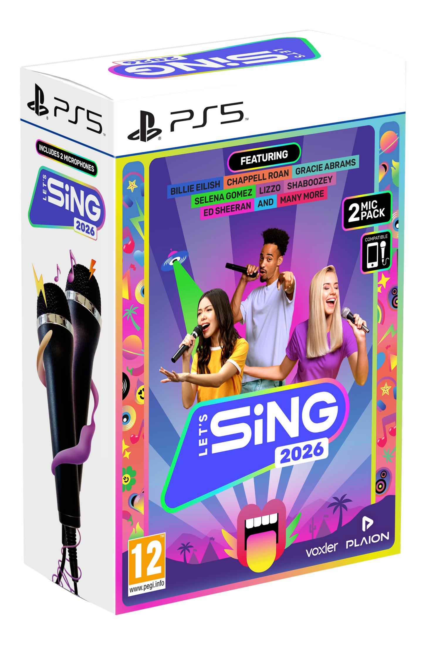 Pudełko gry Let's Sing 2026 PS5 z mikrofonami, artystami i kolorową grafiką.